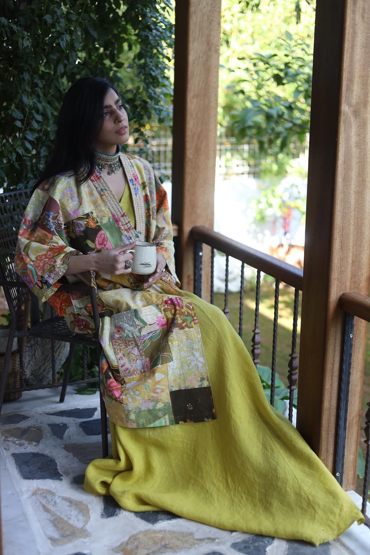 Sarı Tasarım Patchwork Kaftan