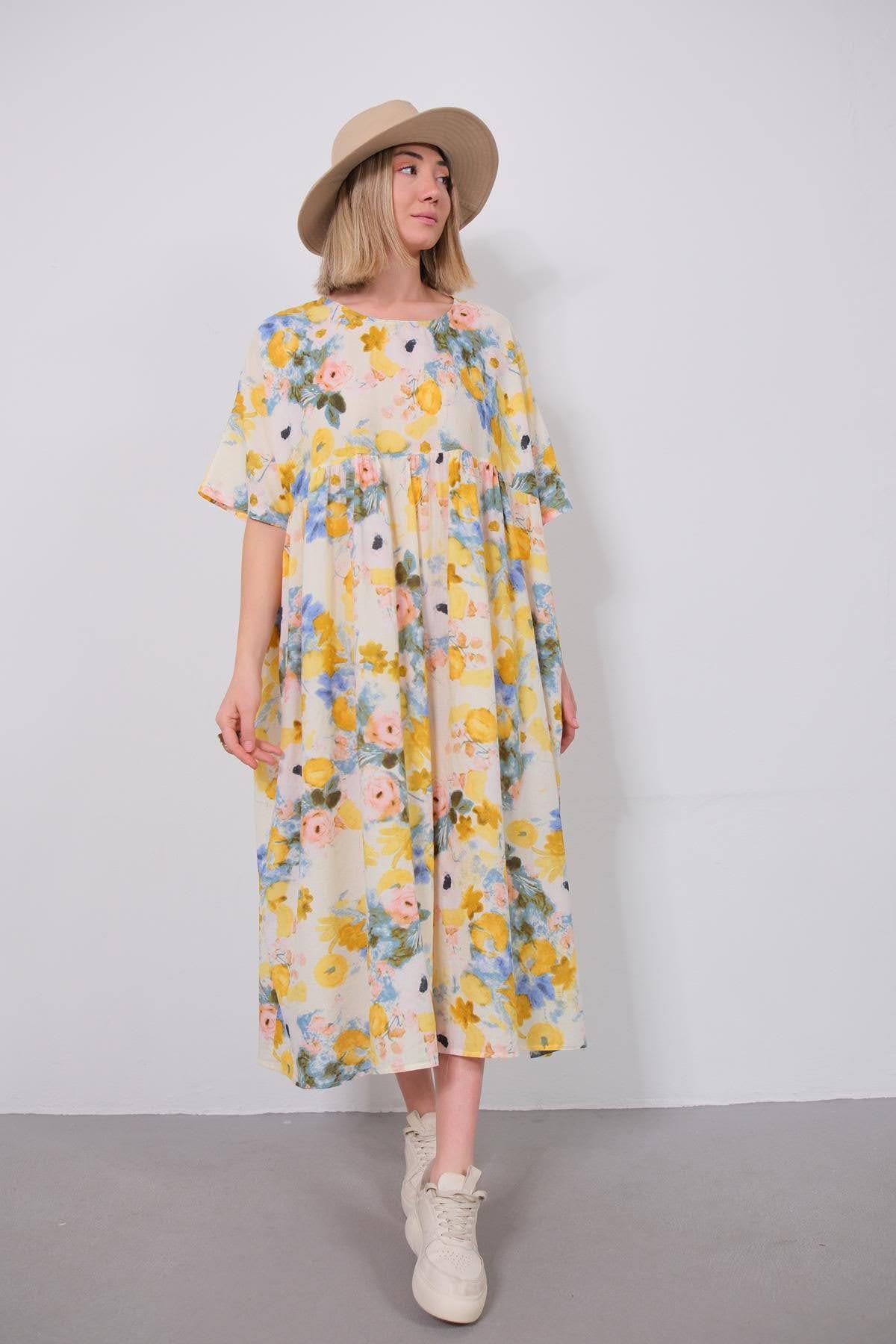 Ekru Bisiklet Yaka Çiçek Desenli Otantik Elbise - Şaman Butik Ekru Bisiklet Yaka Çiçek Desenli Otantik Elbise