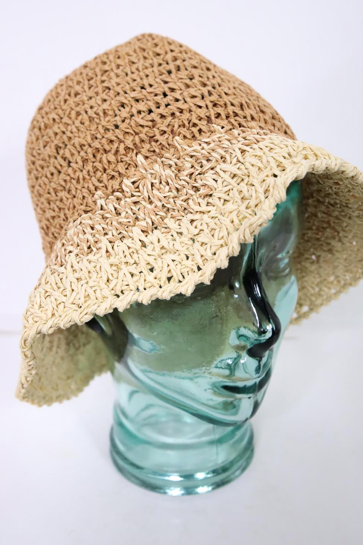 Camel Rengi Ekru Geçişli El Örgüsü Hasır Şapka - Şaman Butik Camel Rengi Ekru Geçişli El Örgüsü Hasır Şapka