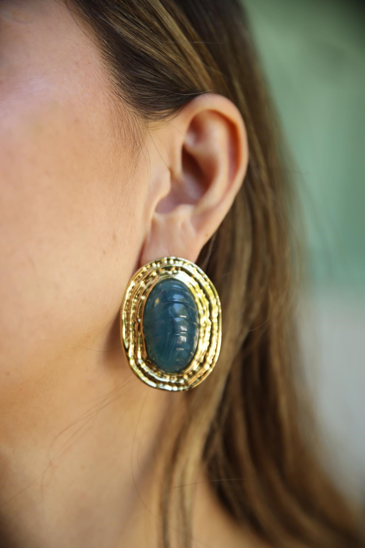 Mavi Taşlı Vintage Görünümlü Küpe