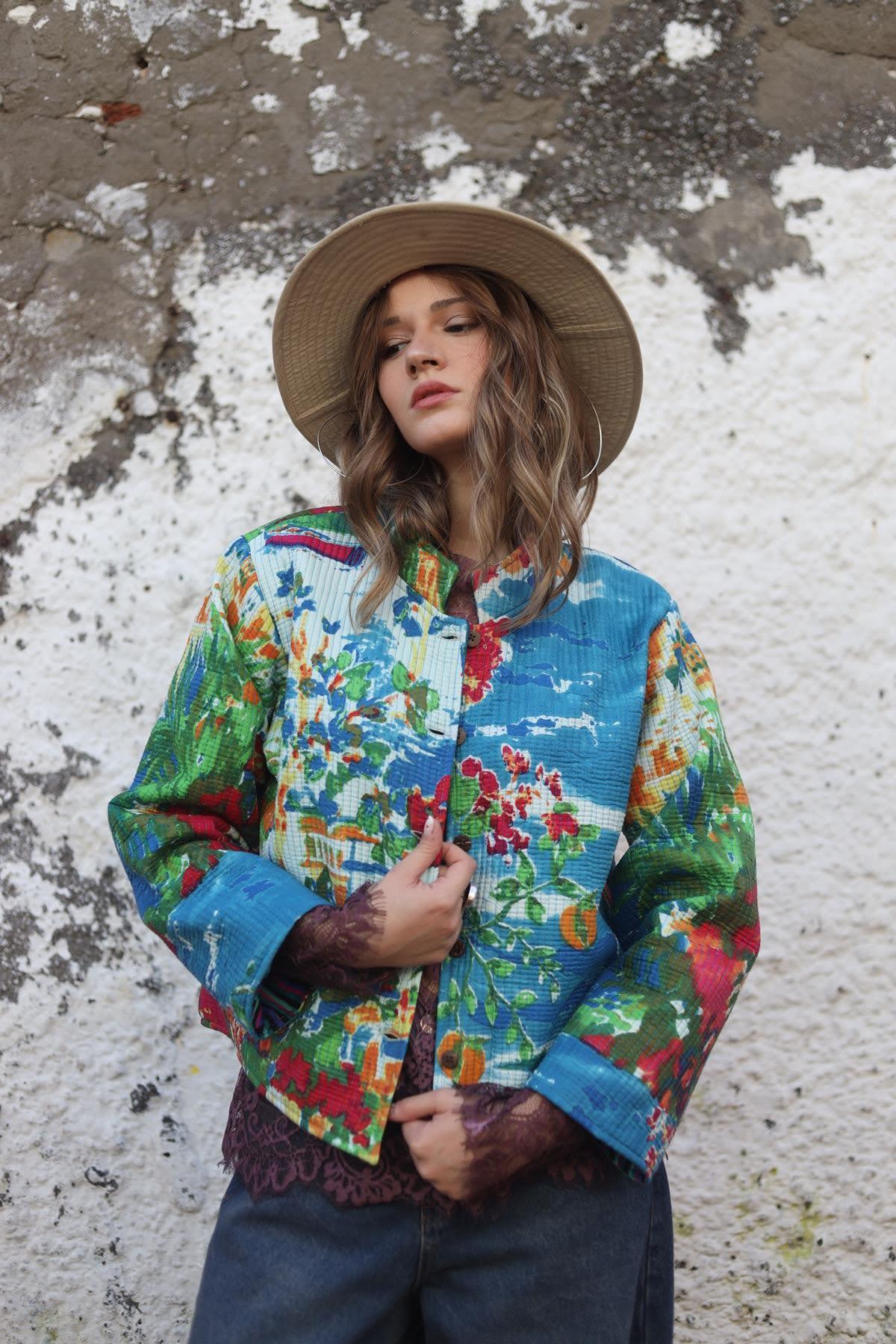 İndigo Mavi Desenli Kapitone Ceket