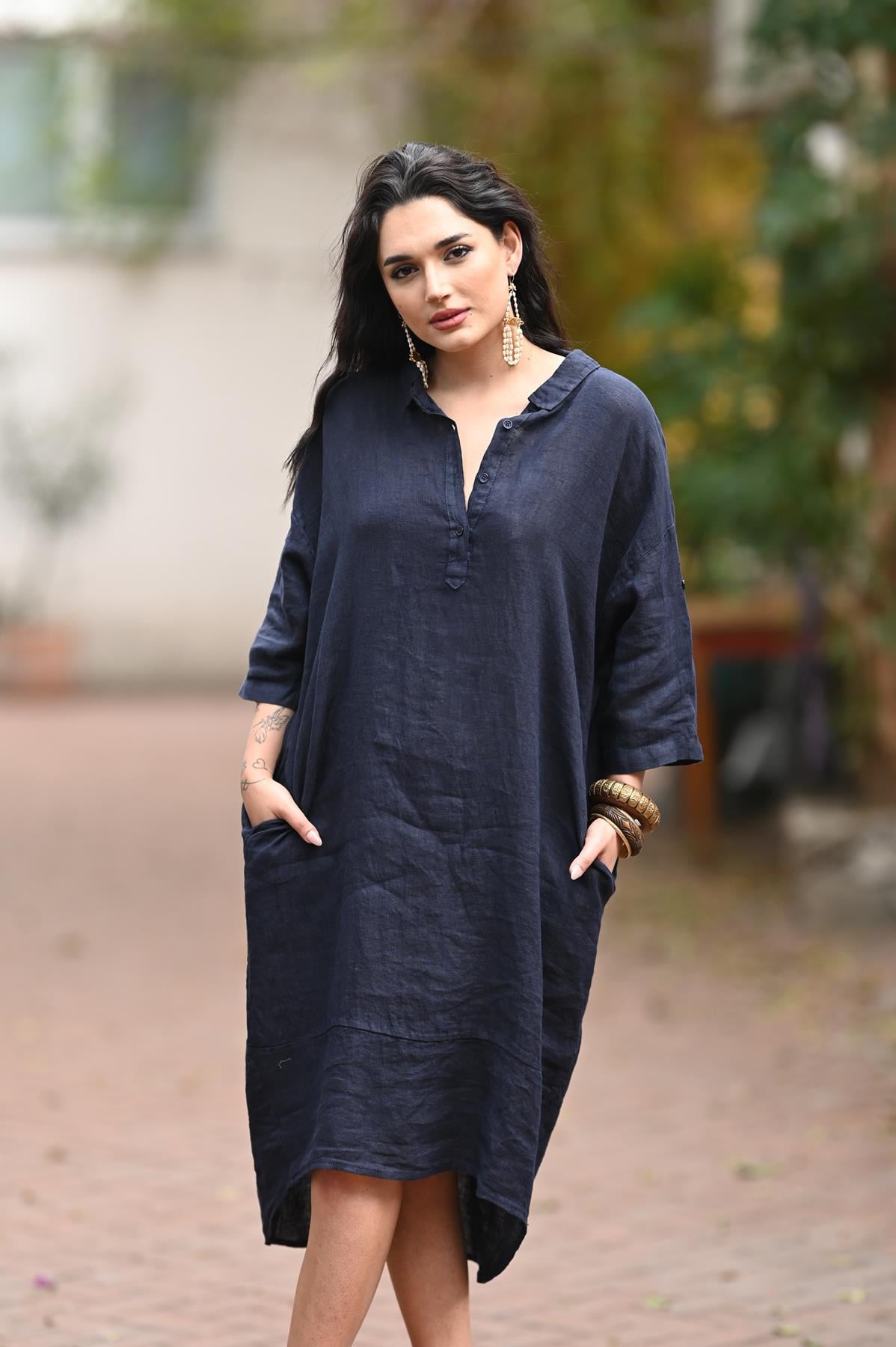 Lacivert Arkası Halkalı Dikiş Detaylı Keten Gömlek Elbise