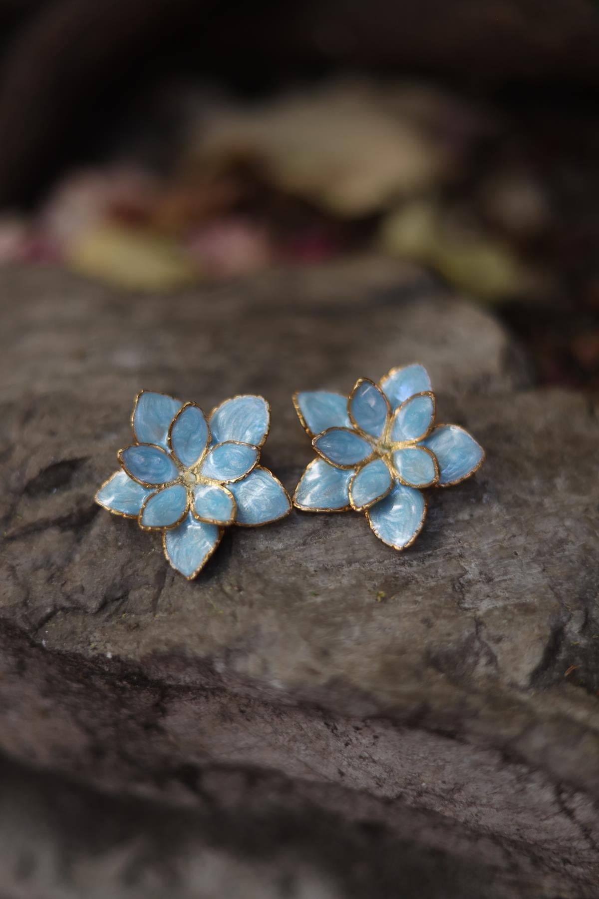 Light Blue Enameled Flower Earrings