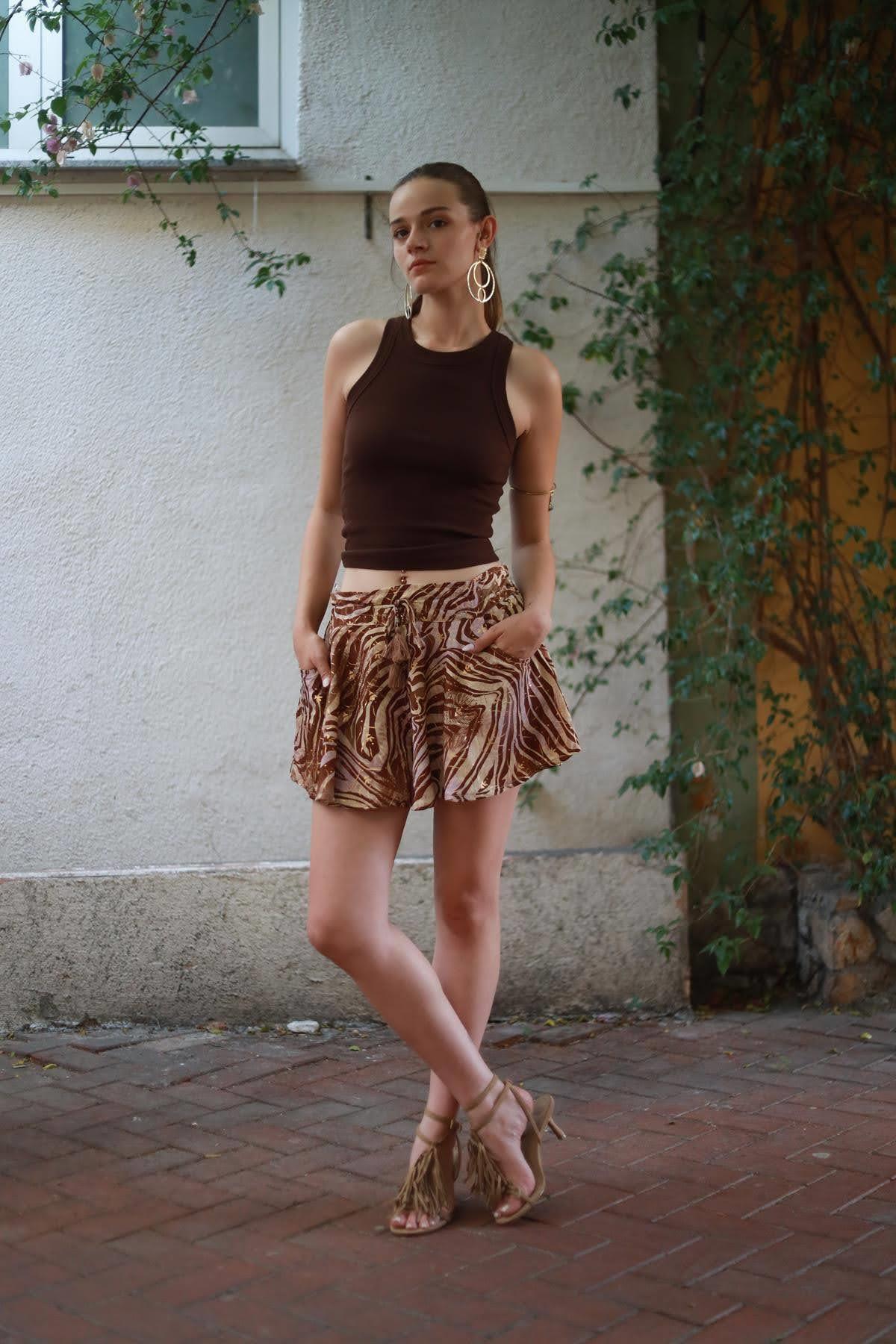 Brown Patterned Silk Short Skirt