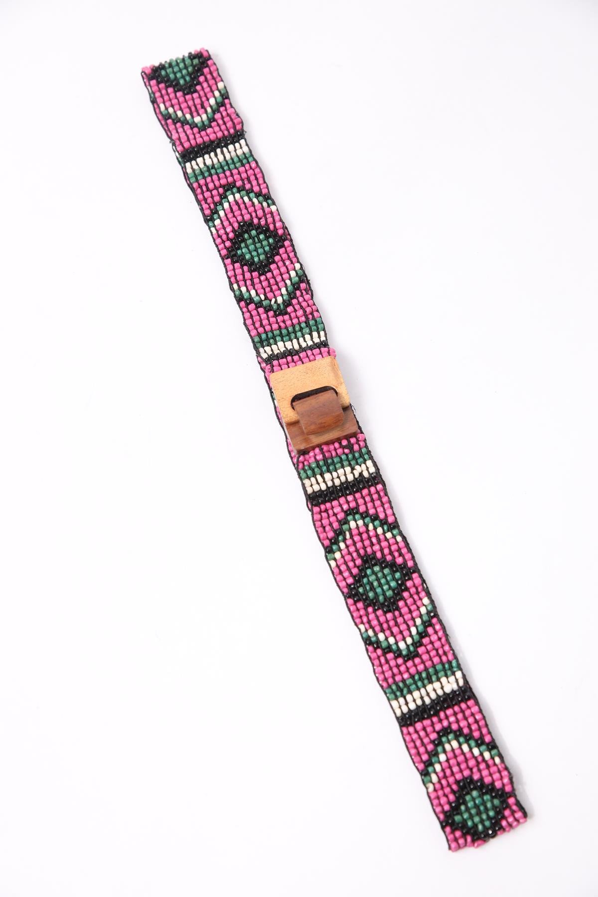 Fushia Wooden Buckle Beaded Thin Elastic Belt