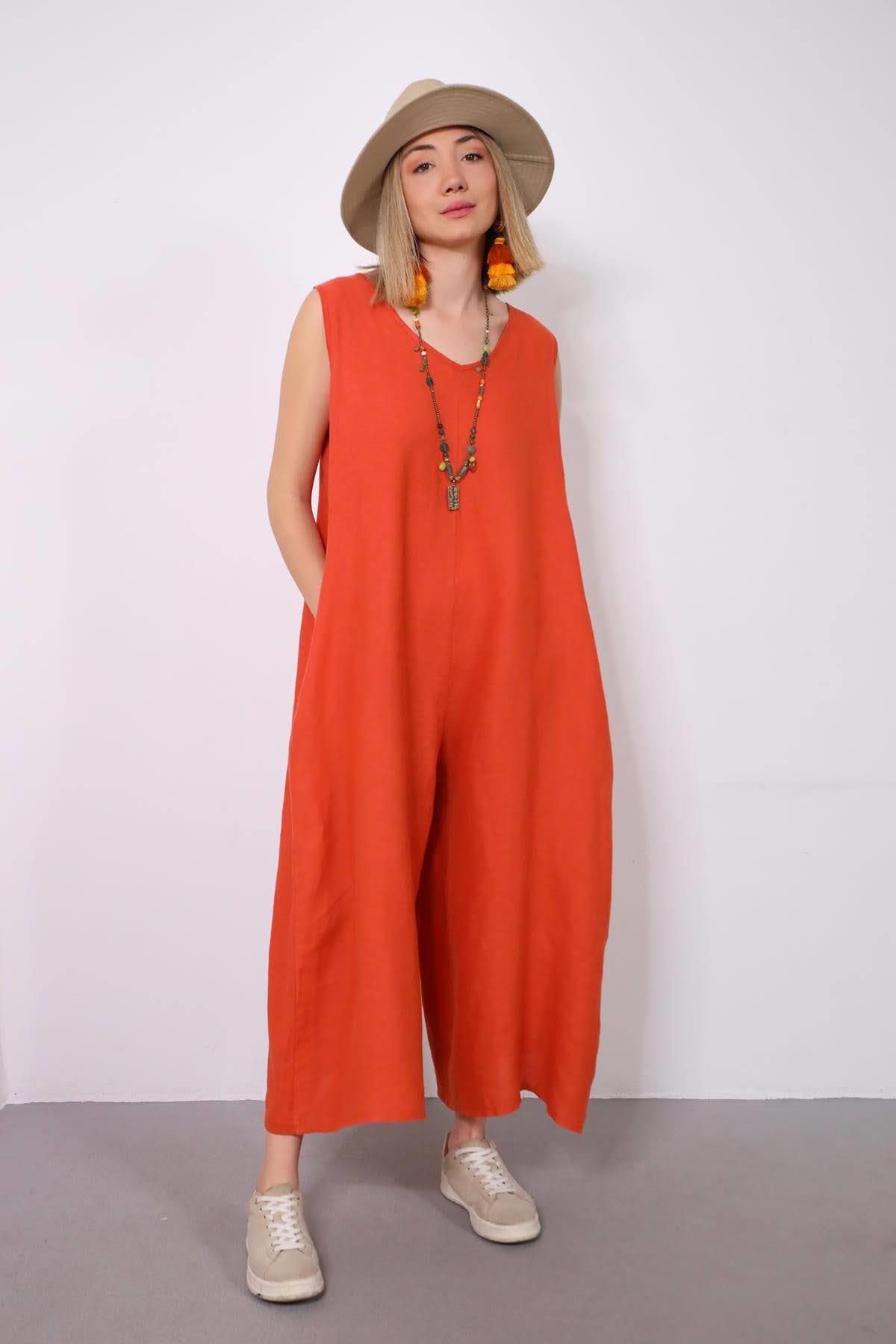 Yanık Turuncu Sırtı Düğmeli Düşük Ağlı Keten Tulum - Şaman Butik Yanık Turuncu Sırtı Düğmeli Düşük Ağlı Keten Tulum