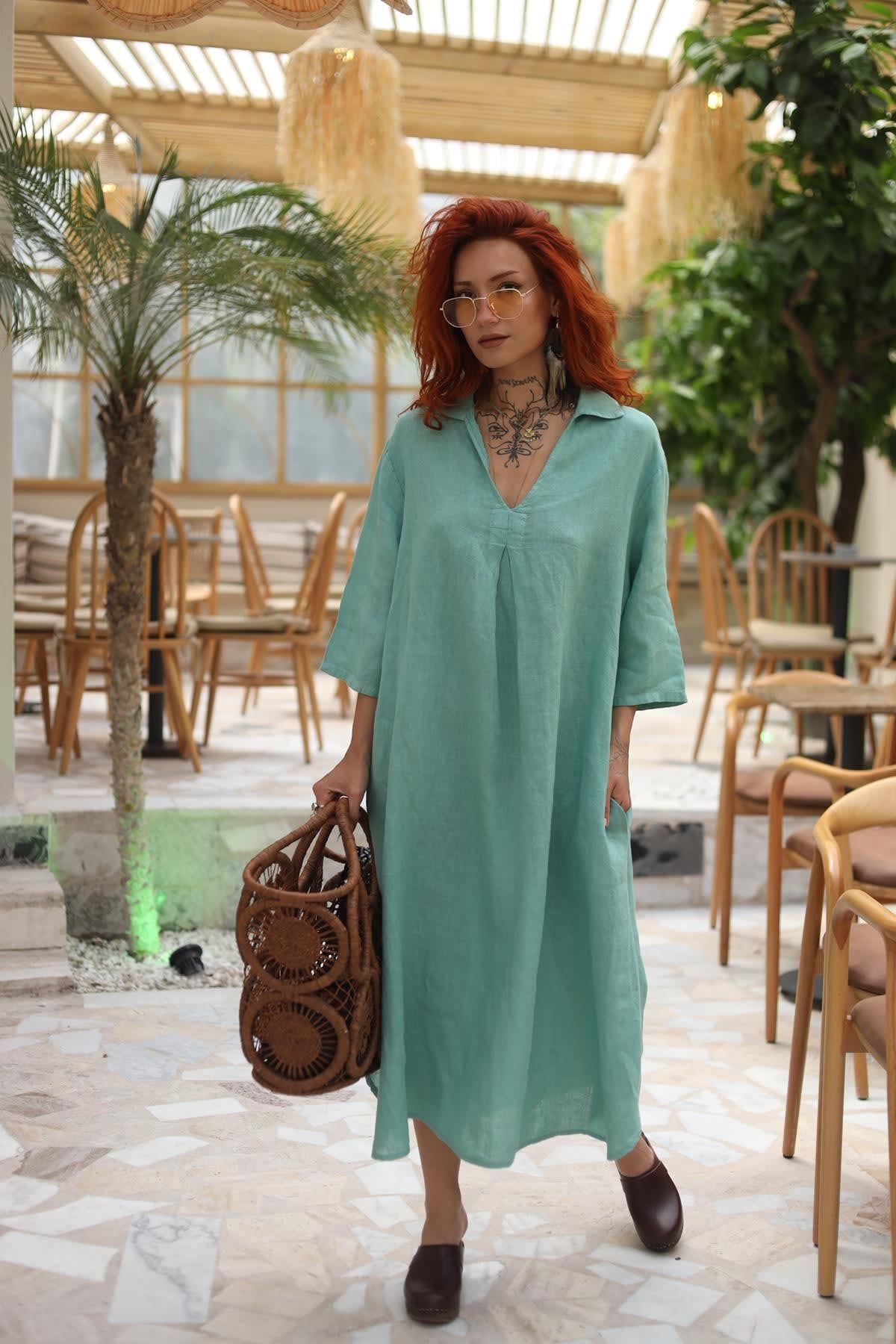 Su Yeşili Önü Pileli Gömlek Yaka Keten Elbise