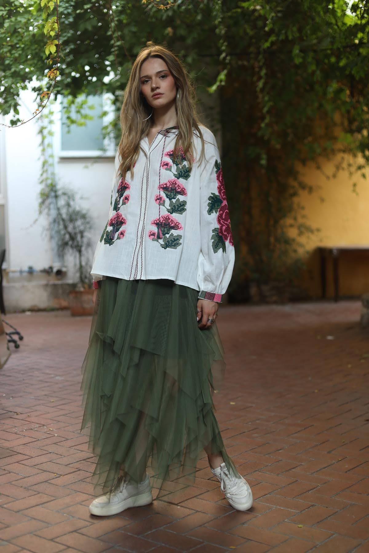 Khaki Elastic Waist Layered Tulle Skirt