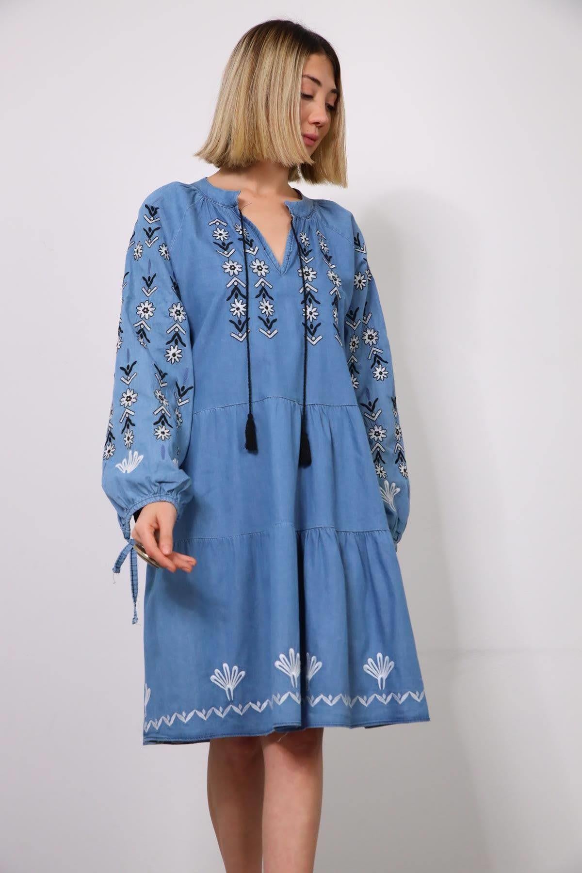 Blue Embroidered Lace Up Collar Bohemian Dress - Saman Butik | Shop Online Blue Embroidered Lace Up Collar Bohemian Dress