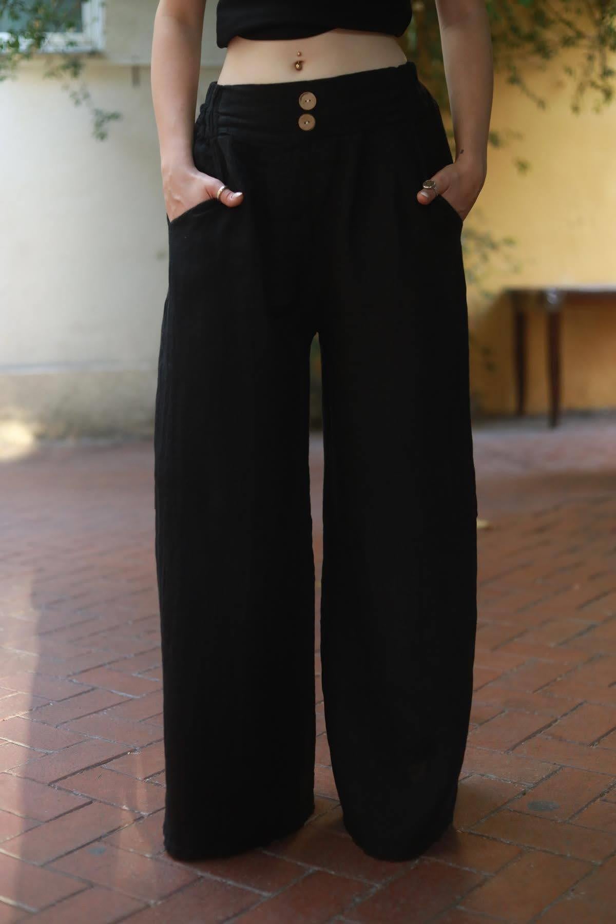 Black Double Buttoned Wide Leg Linen Trousers