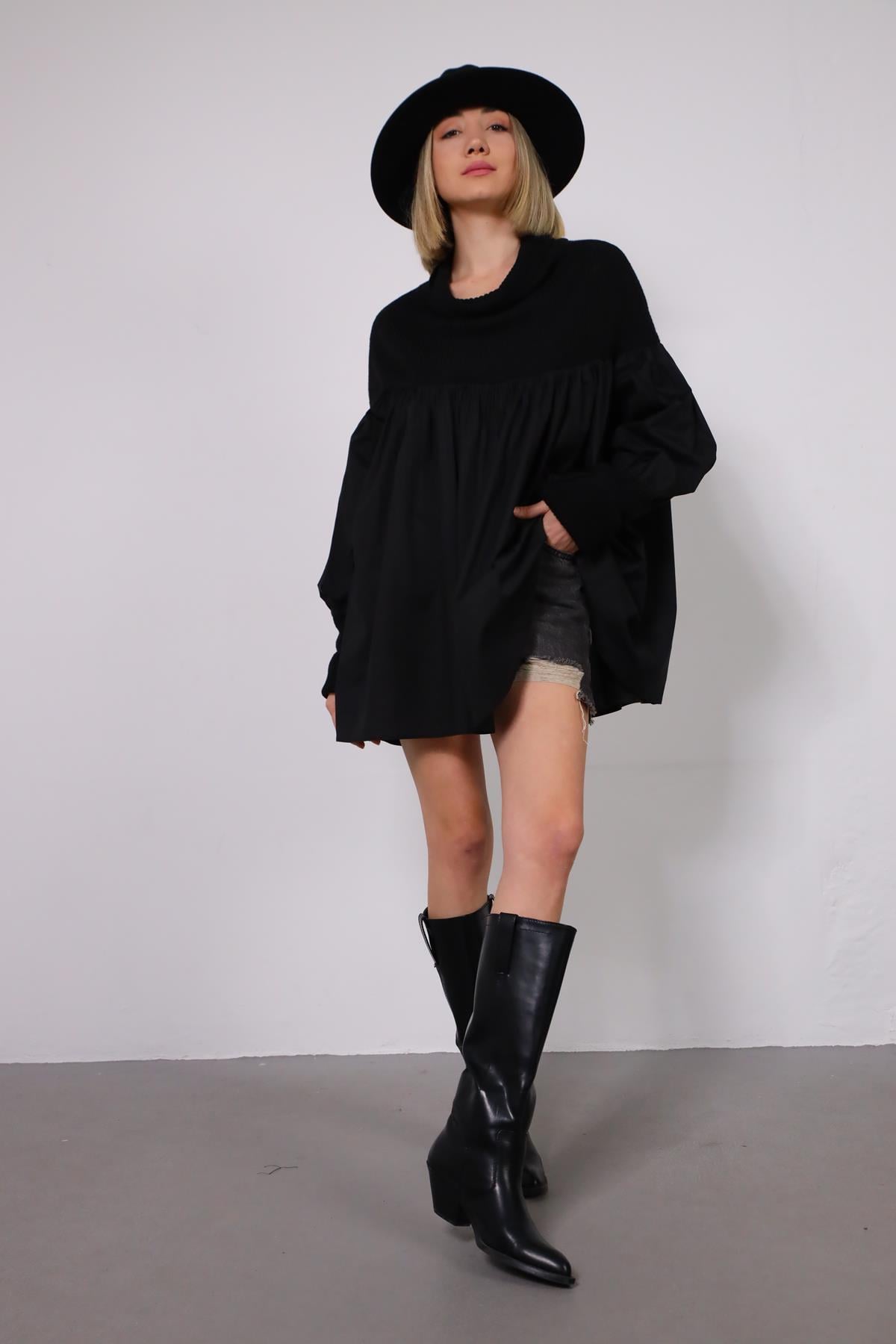 Navy Blue Floral Stitched Waist Shirt Dress - Şaman Butik Black Poplin Pleated Turtle Neck Tunic