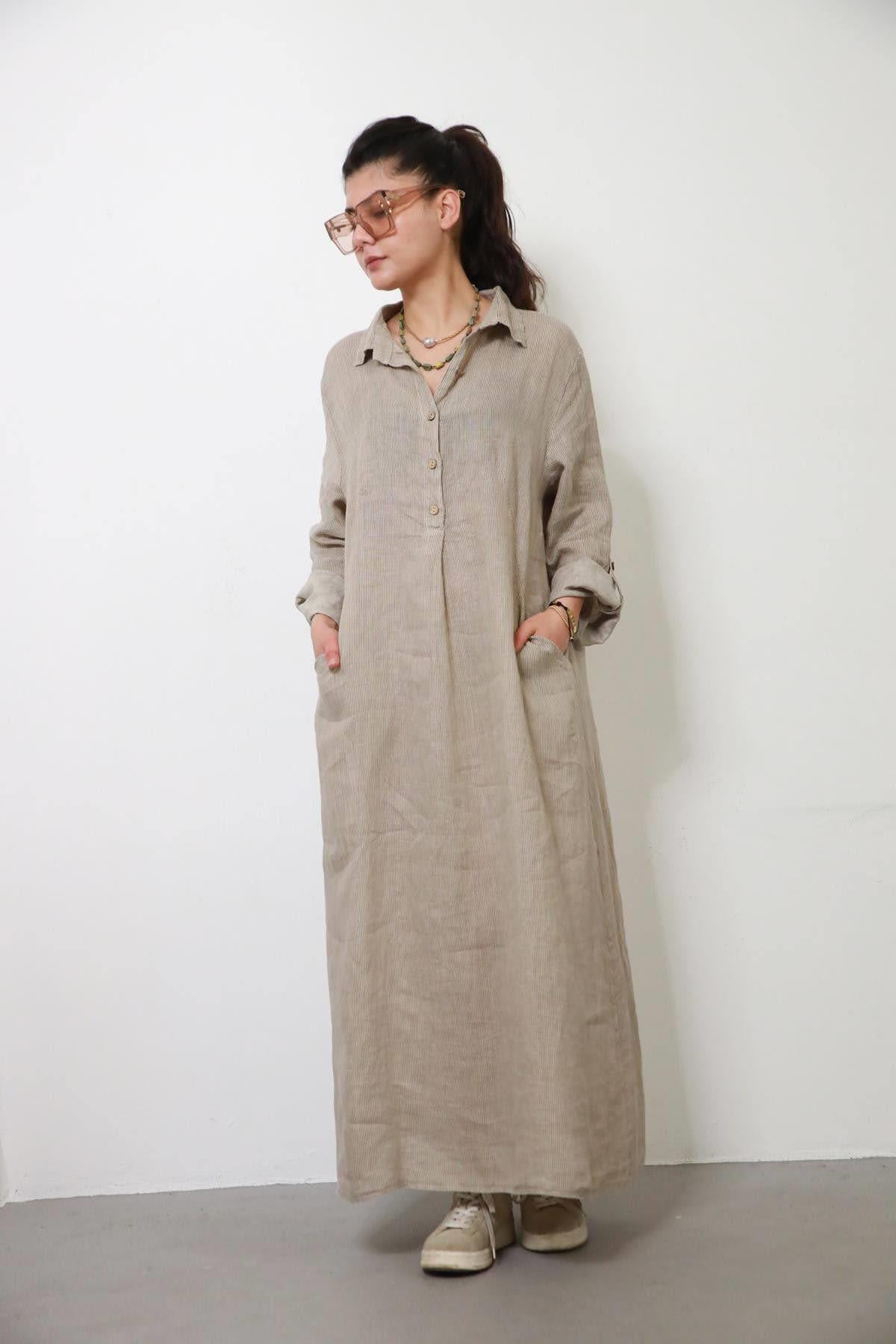 Vizon Rengi Çizgili Gömlek Yaka Düğmeli Cepli Elbise