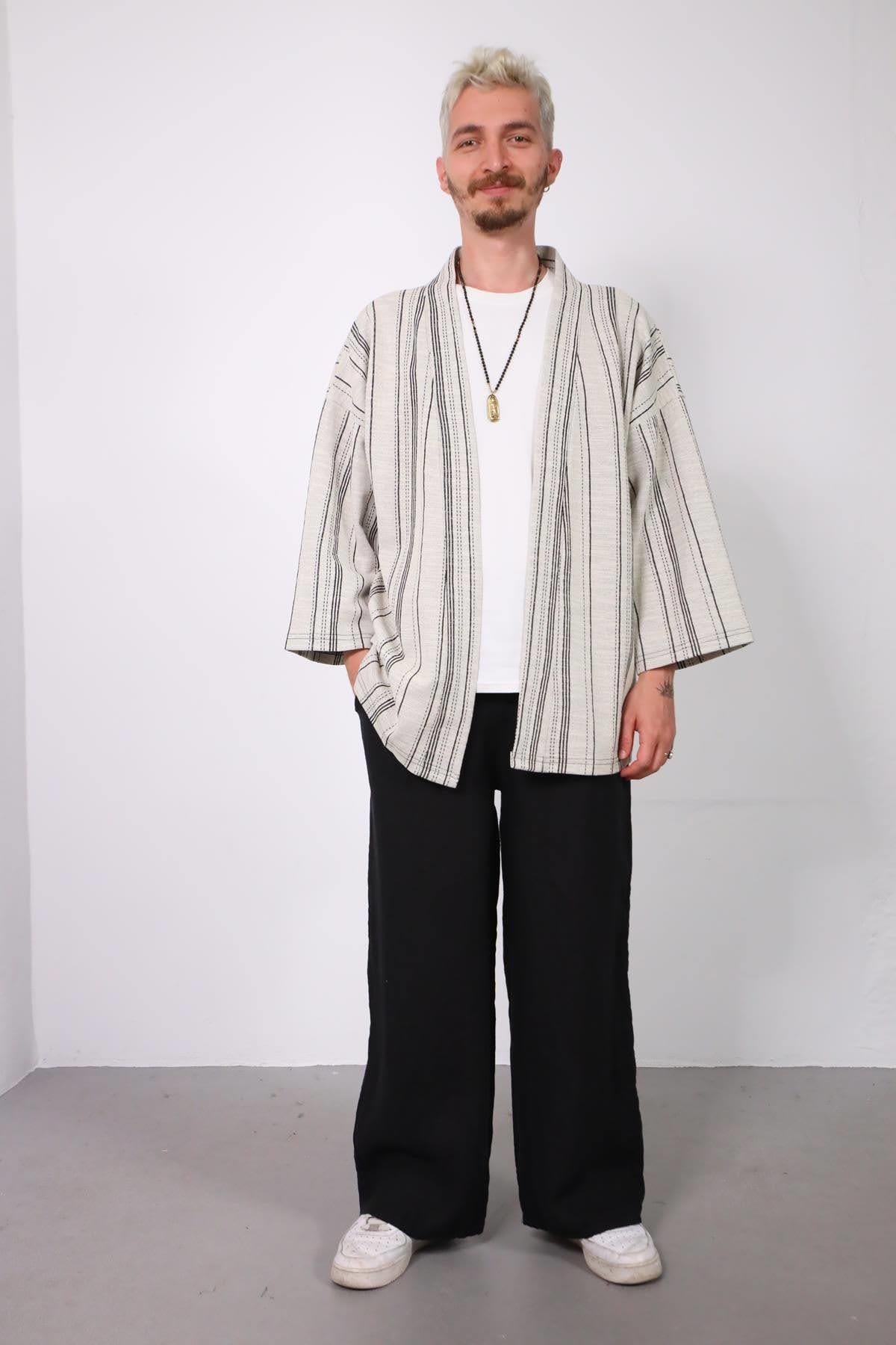 Taş Rengi Çizgili Kısa Erkek Kimono - Şaman Butik Taş Rengi Çizgili Kısa Erkek Kimono