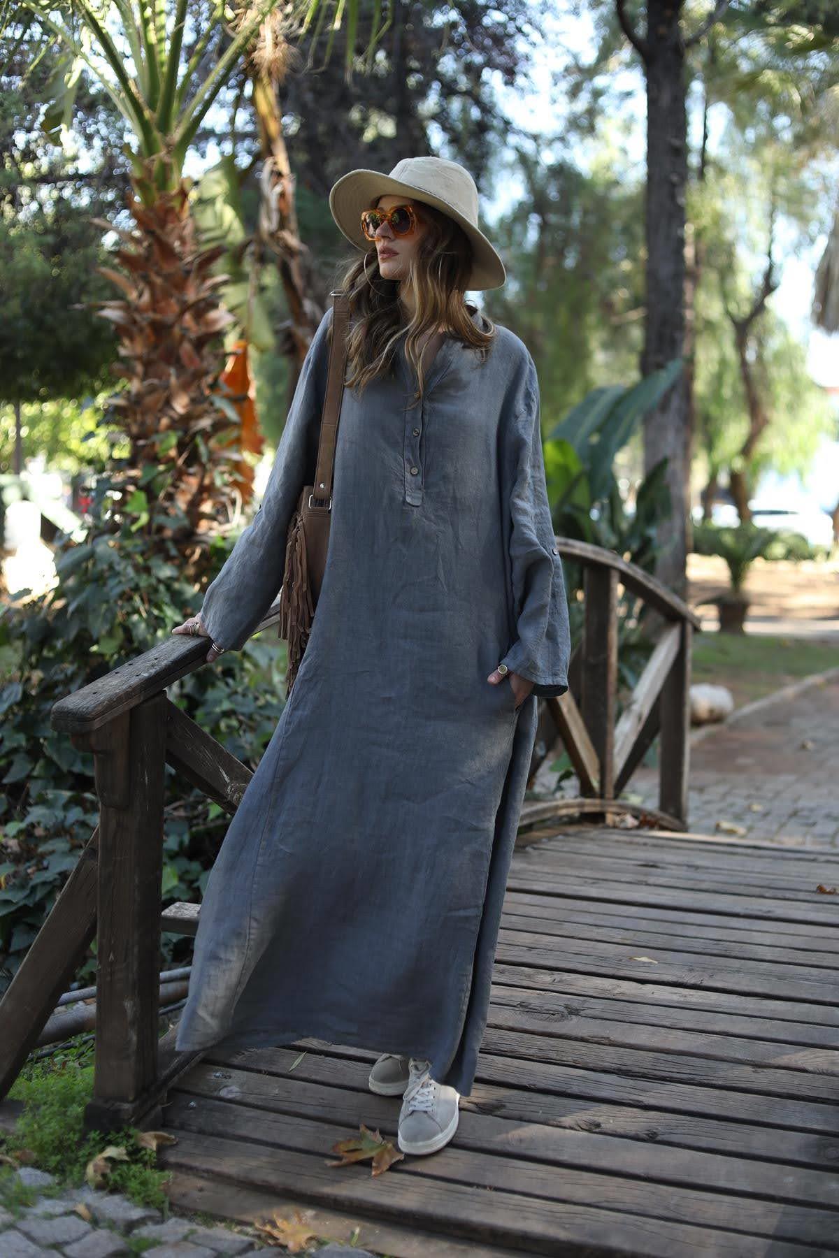 Antrasit Hakim Yaka Düğmeli Keten Elbise