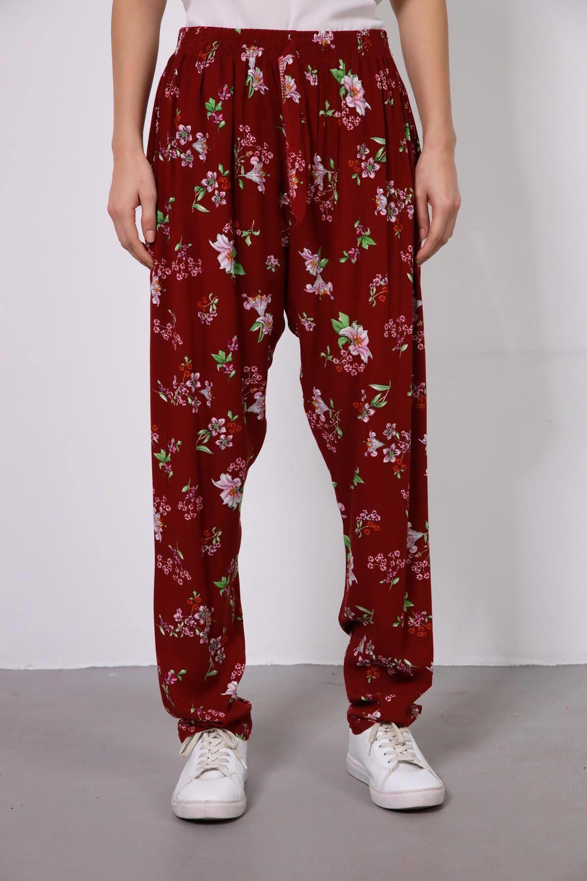 Bordo Çiçek Desenli Pantolon - Şaman Butik Bordo Çiçek Desenli Pantolon
