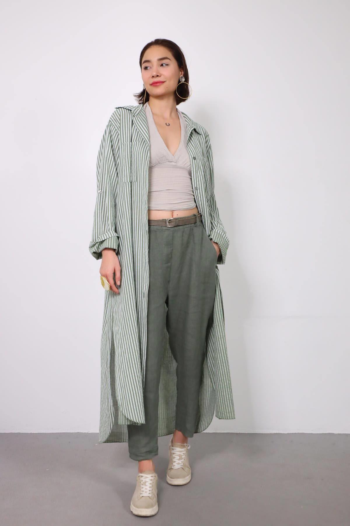 Haki ve Beyaz Çizgili Yırtmaçlı Gömlek Elbise - Şaman Butik Haki ve Beyaz Çizgili Yırtmaçlı Gömlek Elbise