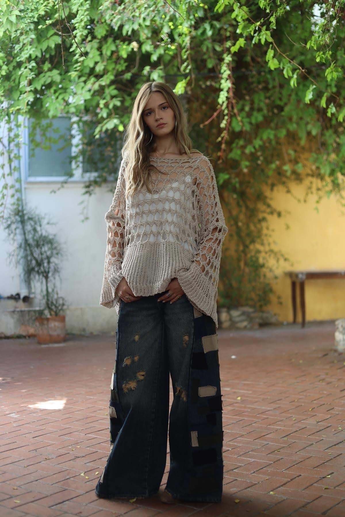 Lacivert Parça Detaylı İspanyol Paça Kot Pantolon