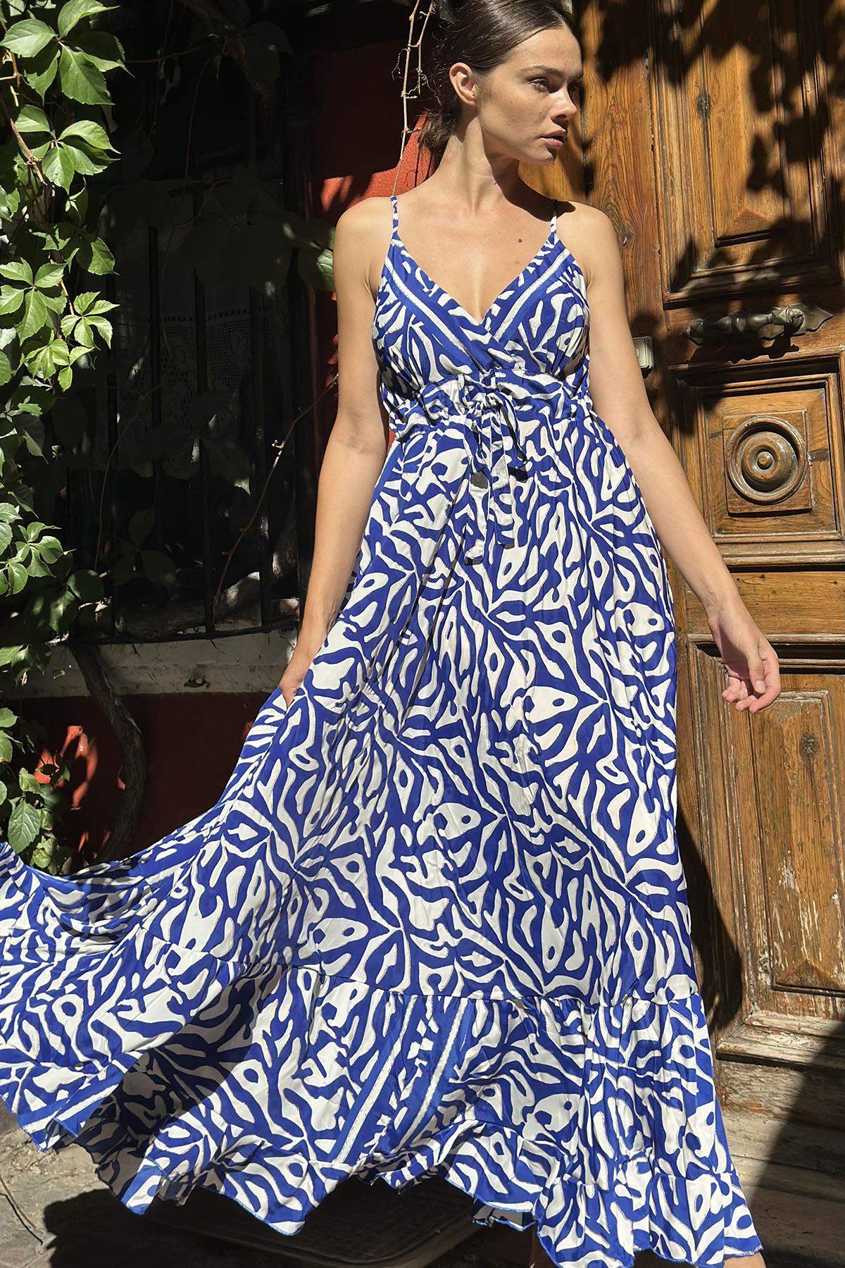Sax Blue Patterned Strappy Silk Dress