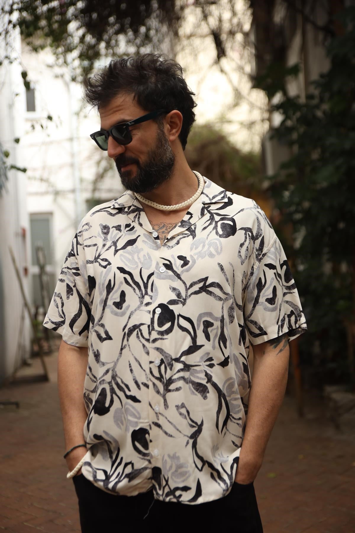 Ekru Desenli Kısa Kollu Erkek Gömlek