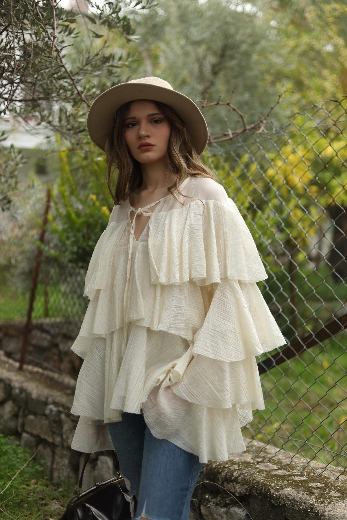 Ekru Kat Kat Tensel Bluz