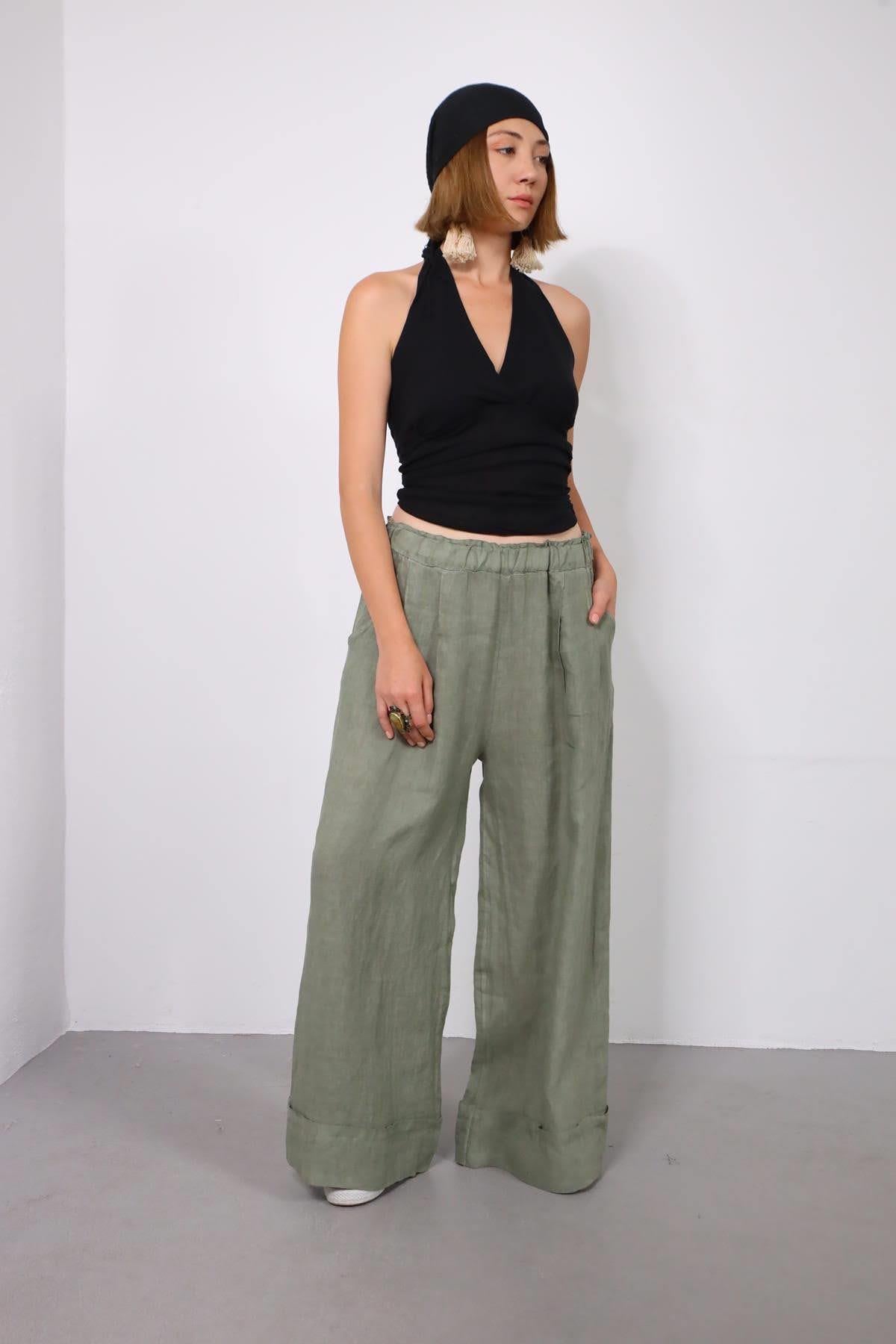 Haki Duble Paça Pileli Keten Pantolon - Şaman Butik Haki Duble Paça Pileli Keten Pantolon