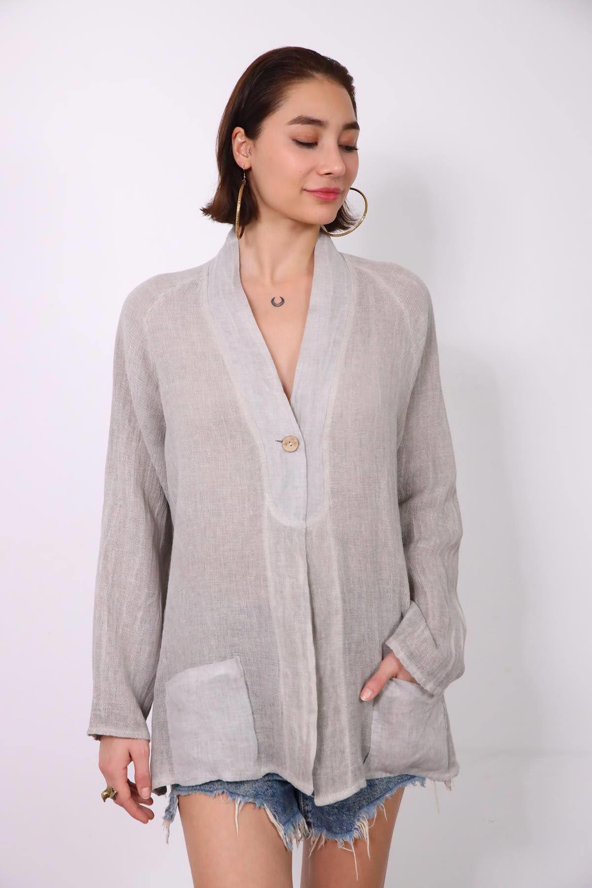 Gri Yakası ve Cebi Keten Tek Düğmeli Ceket - Şaman Butik Gri Yakası ve Cebi Keten Tek Düğmeli Ceket