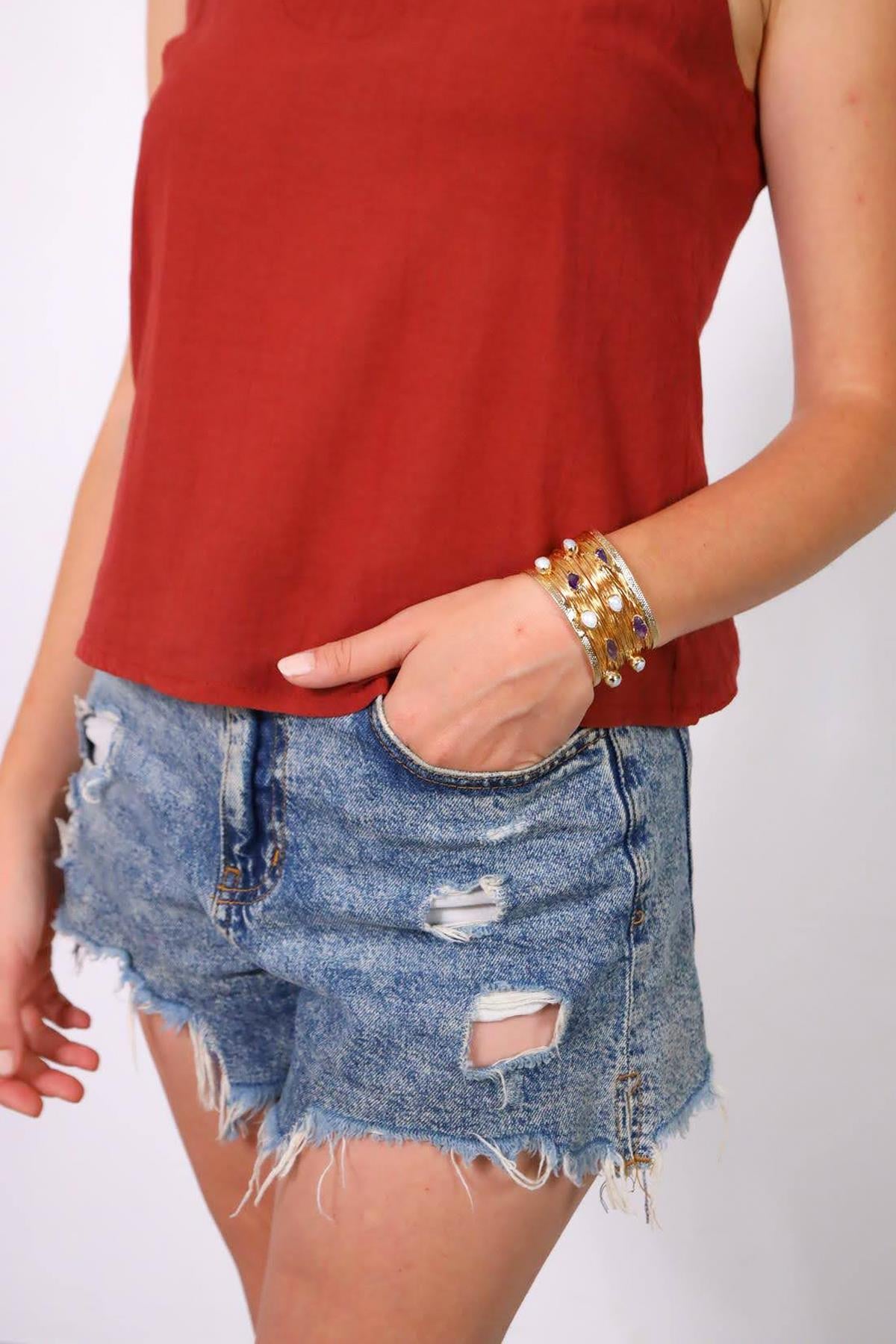 Doğal Taş Ve İnci Detaylı Altın Kaplama Bileklik - Şaman Butik Doğal Taş Ve İnci Detaylı Altın Kaplama Bileklik