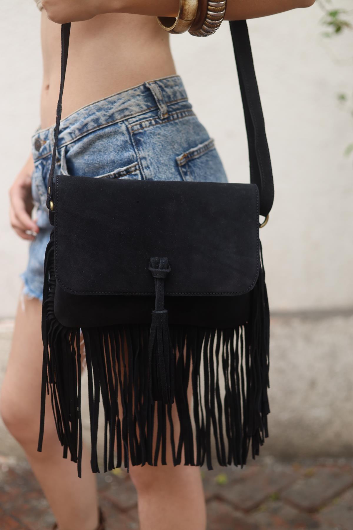 Black Tasseled Suede Leather Bag