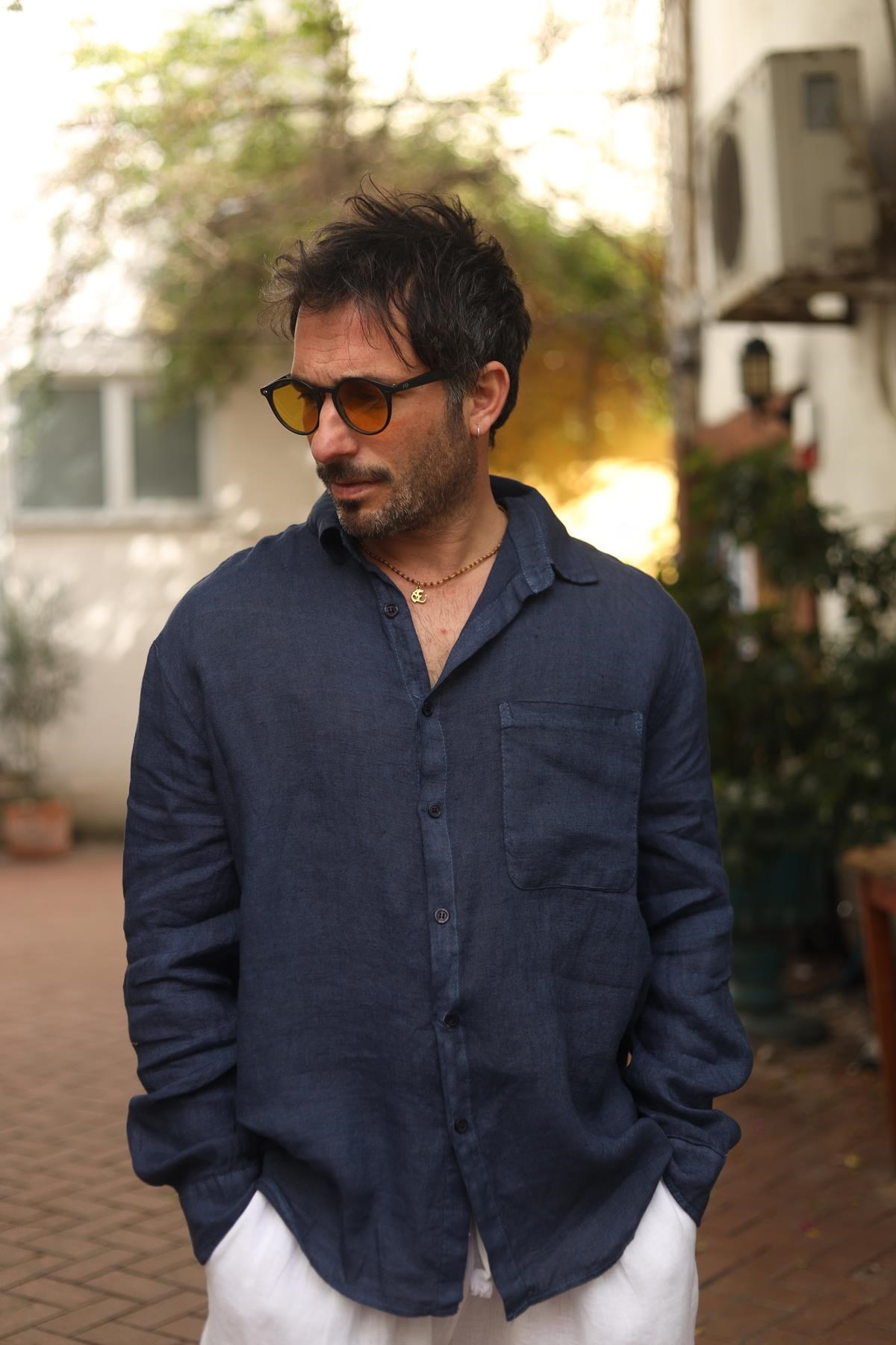 Lacivert Cepli Erkek Keten Gömlek