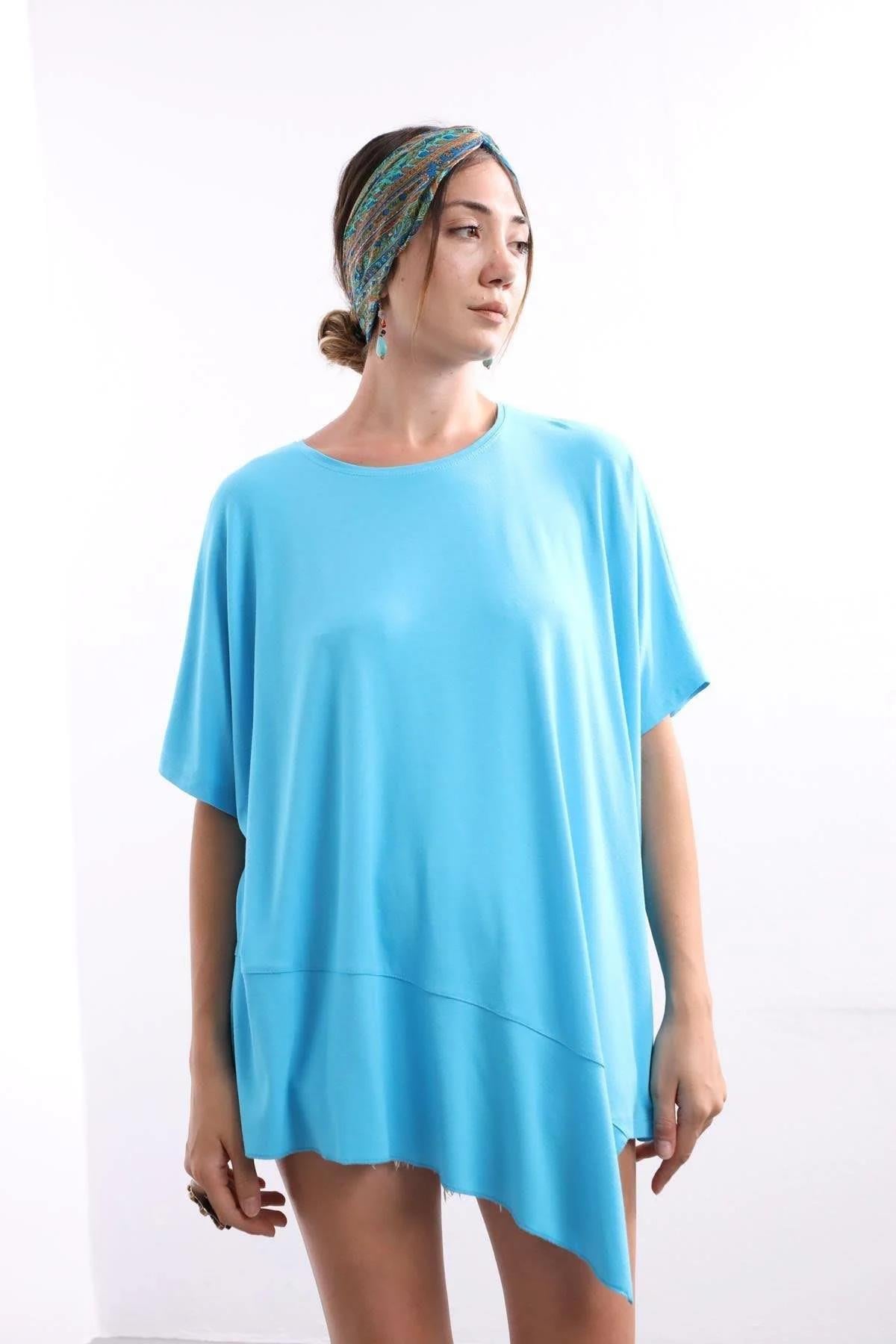 Turkuaz Altı Parçalı Kısa Kollu Bluz - Şaman Butik Turkuaz Altı Parçalı Kısa Kollu Bluz