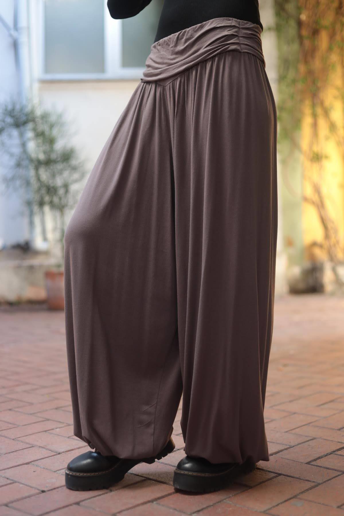 Koyu Vizon Beli Drapeli Paçası Lastikli Şalvar Pantolon