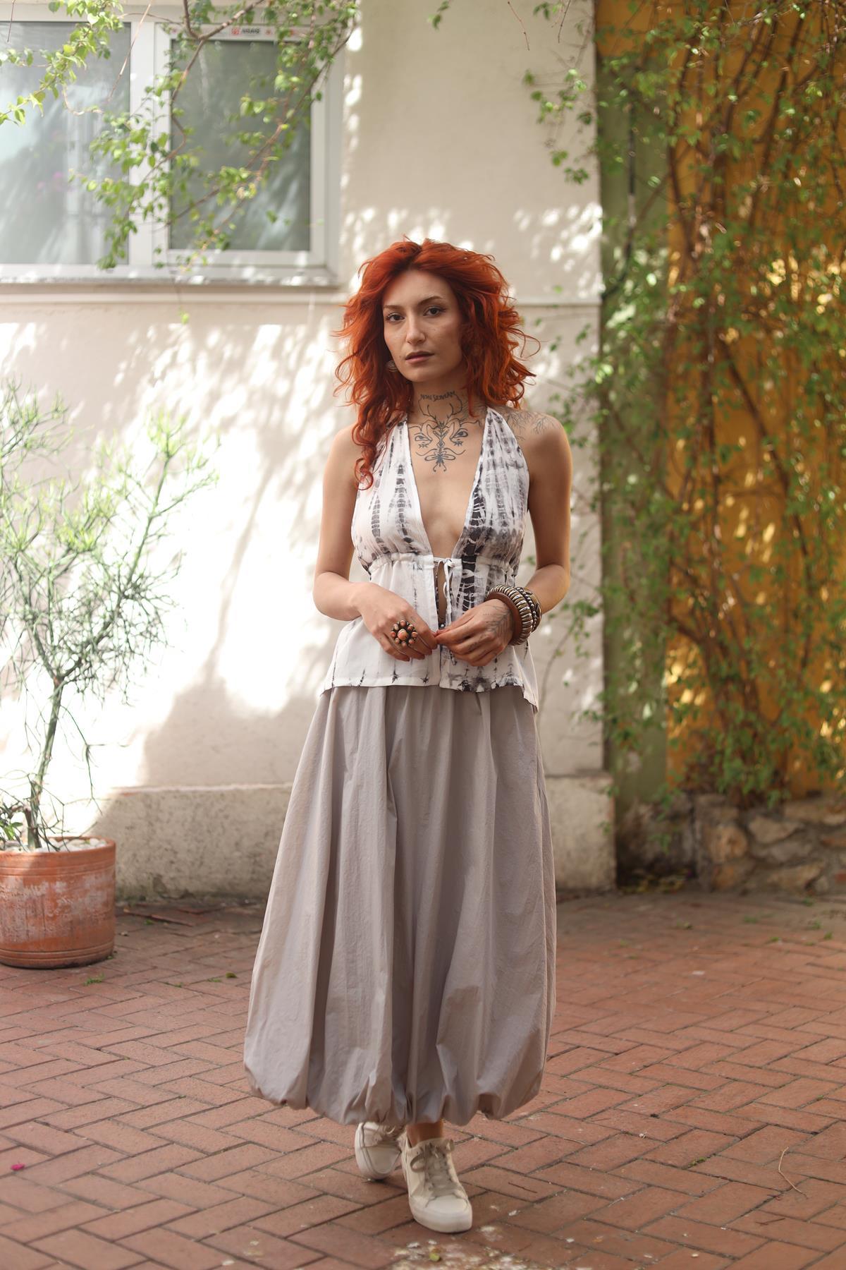 Gri Beli Lastikli Balon Etek