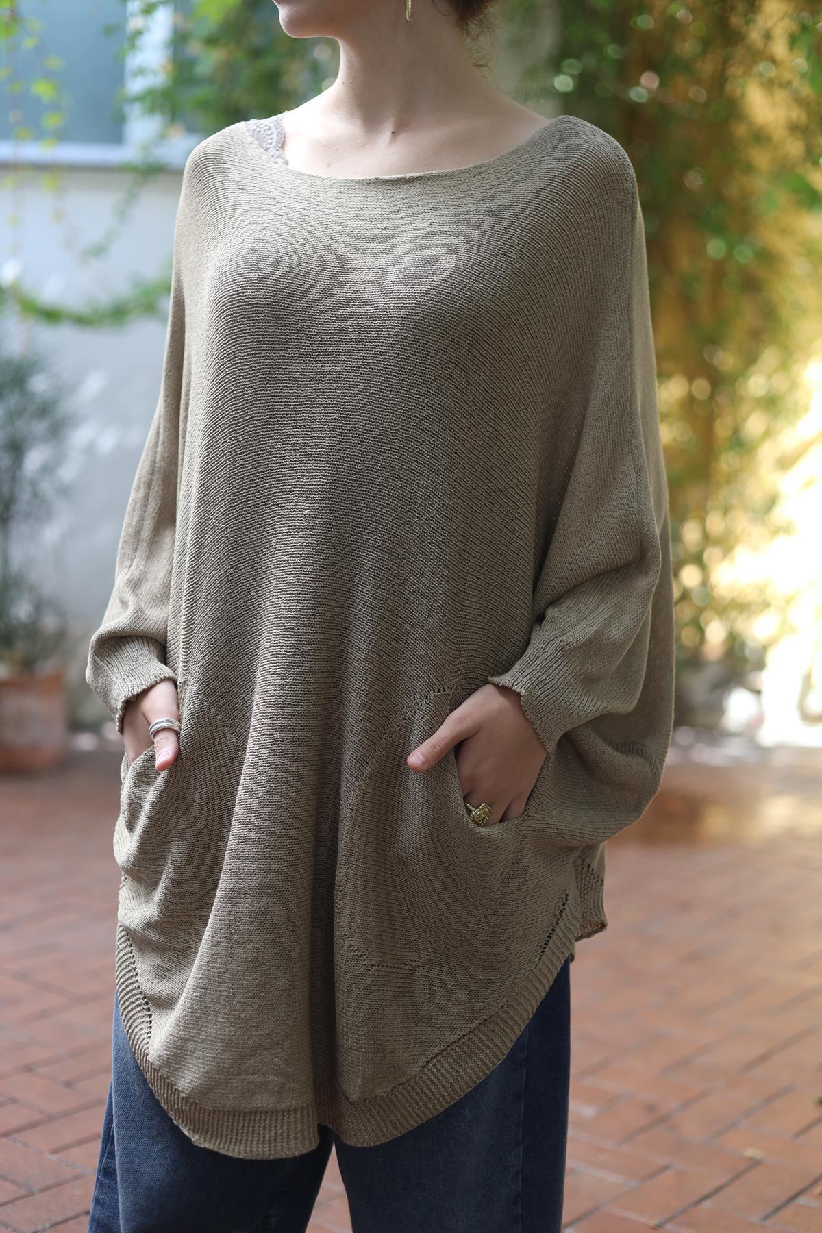 Vizon Rengi Oval Kesim Cepli Triko Tunik