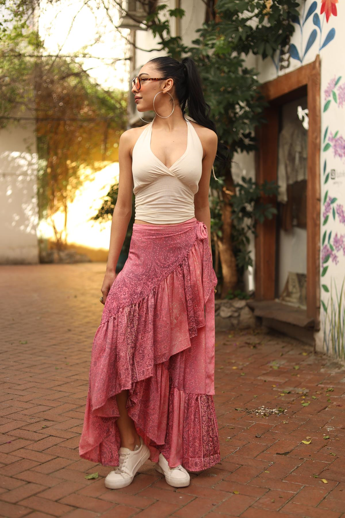 Pembe Volanlı İpek Anvelop Etek