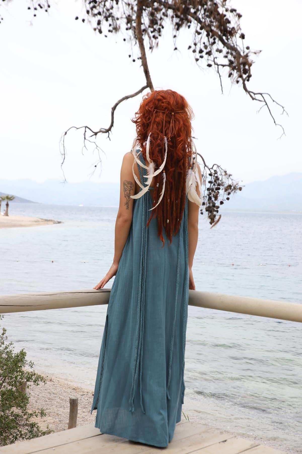 Petrol Mavisi Helen Model Örgü Askılı Elbise