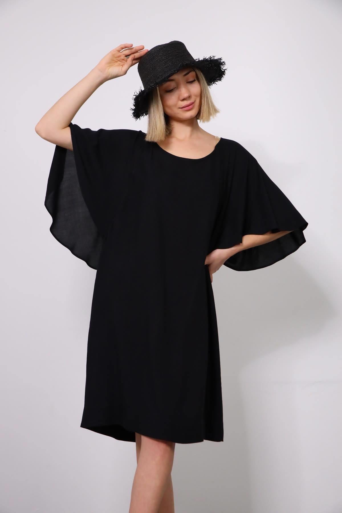 Siyah Midi Yarasa Kol Elbise - Şaman Butik Siyah Midi Yarasa Kol Elbise