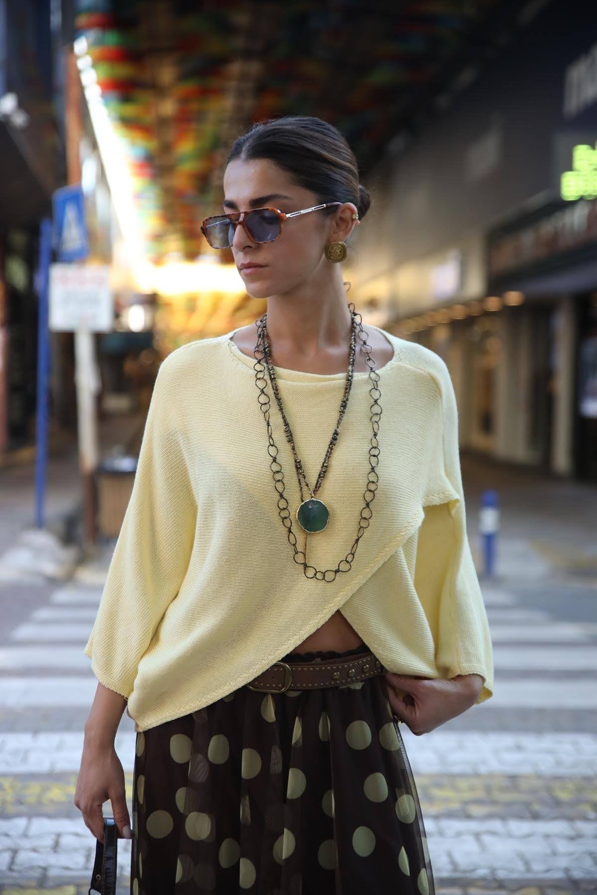 Butter Yellow Önü Çapraz Triko Bluz