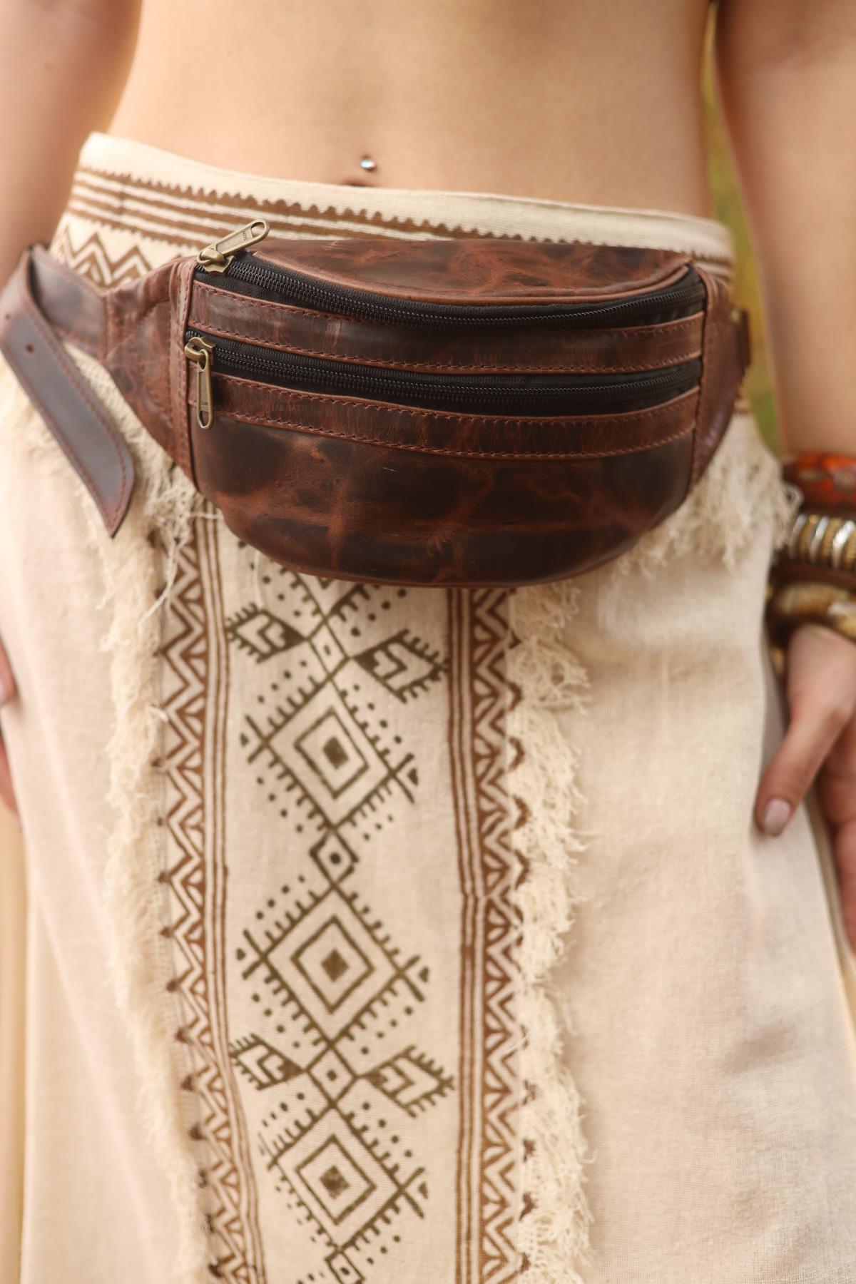 Tan Three Compartment Strappy Leather Bag