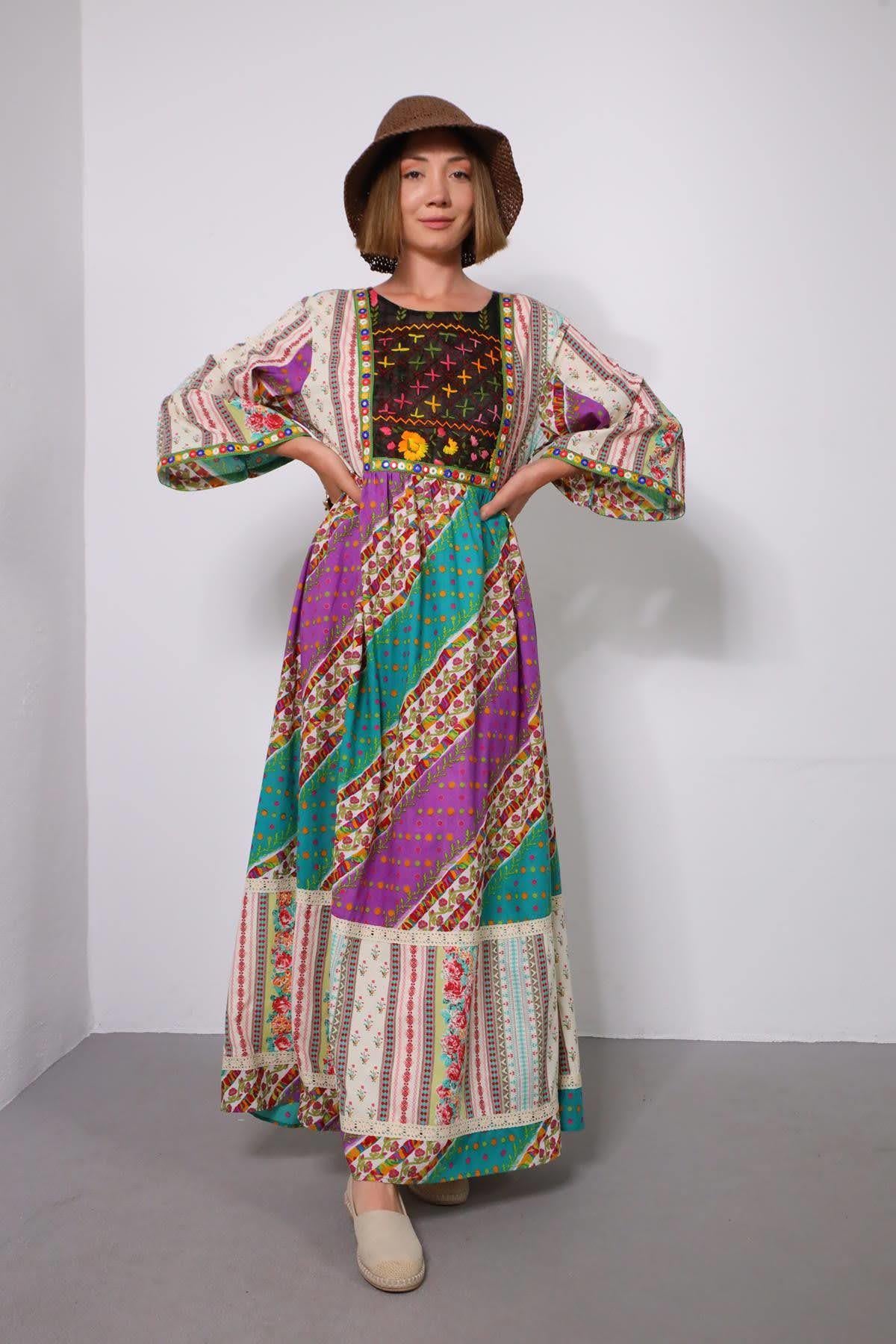 Mor Yakası Nakışlı Payet ve Güpürlü Elbise - Şaman Butik Mor Yakası Nakışlı Payet ve Güpürlü Elbise