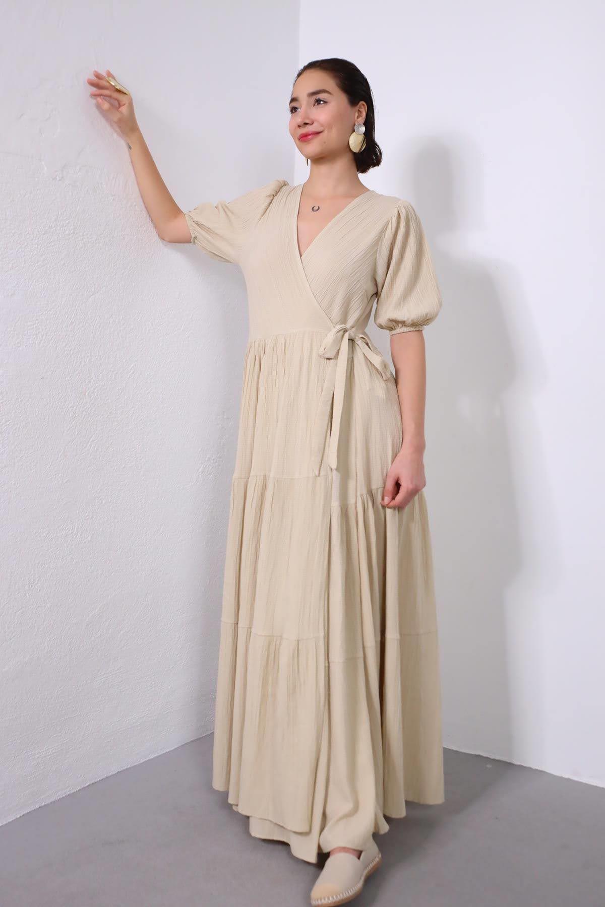 Krem Rengi Gofre Kruvaze Elbise - Şaman Butik Krem Rengi Gofre Kruvaze Elbise