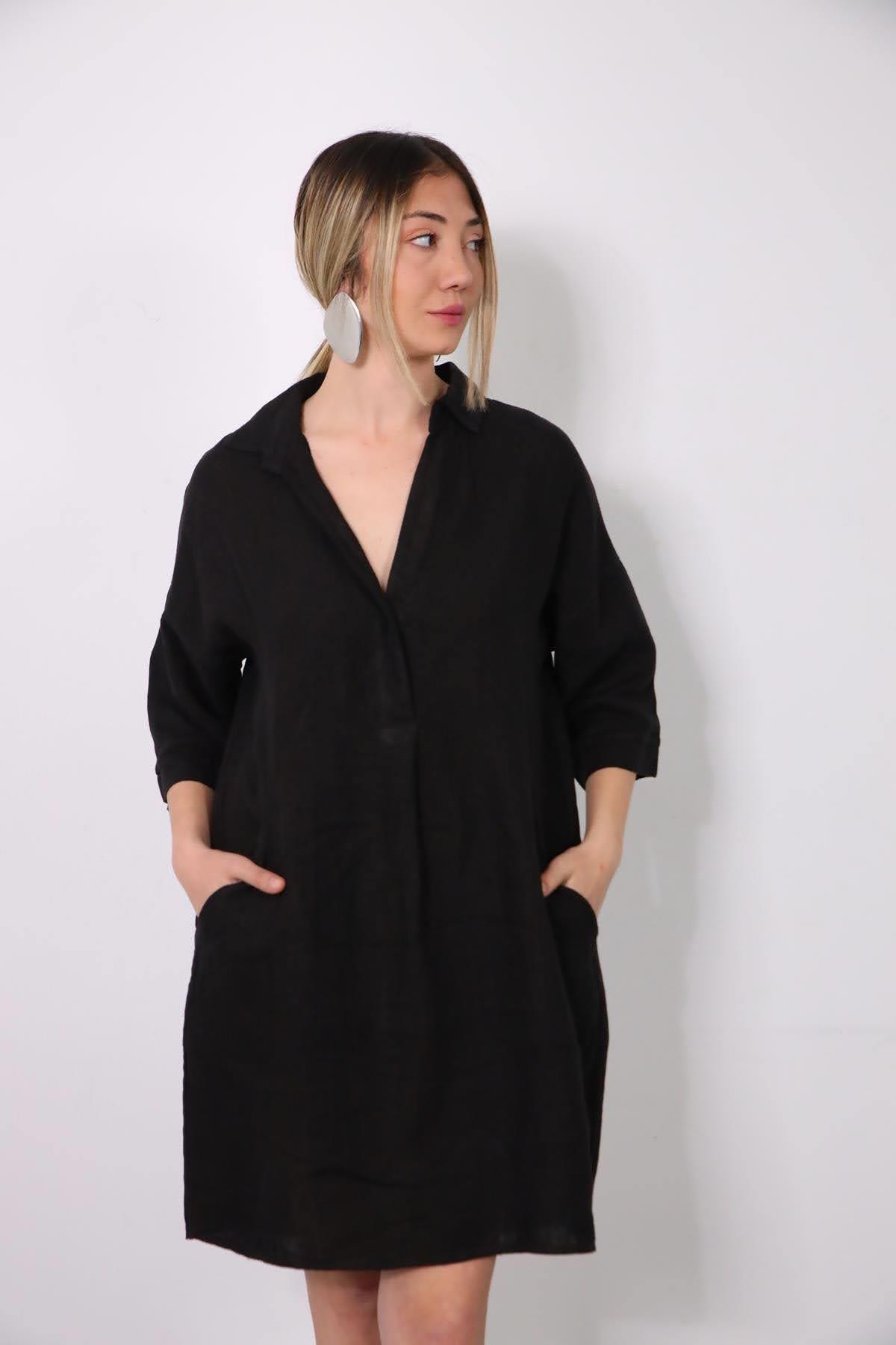 Siyah Tek Düğmeli Önü Pileli Keten Elbise - Şaman Butik Siyah Tek Düğmeli Önü Pileli Keten Elbise