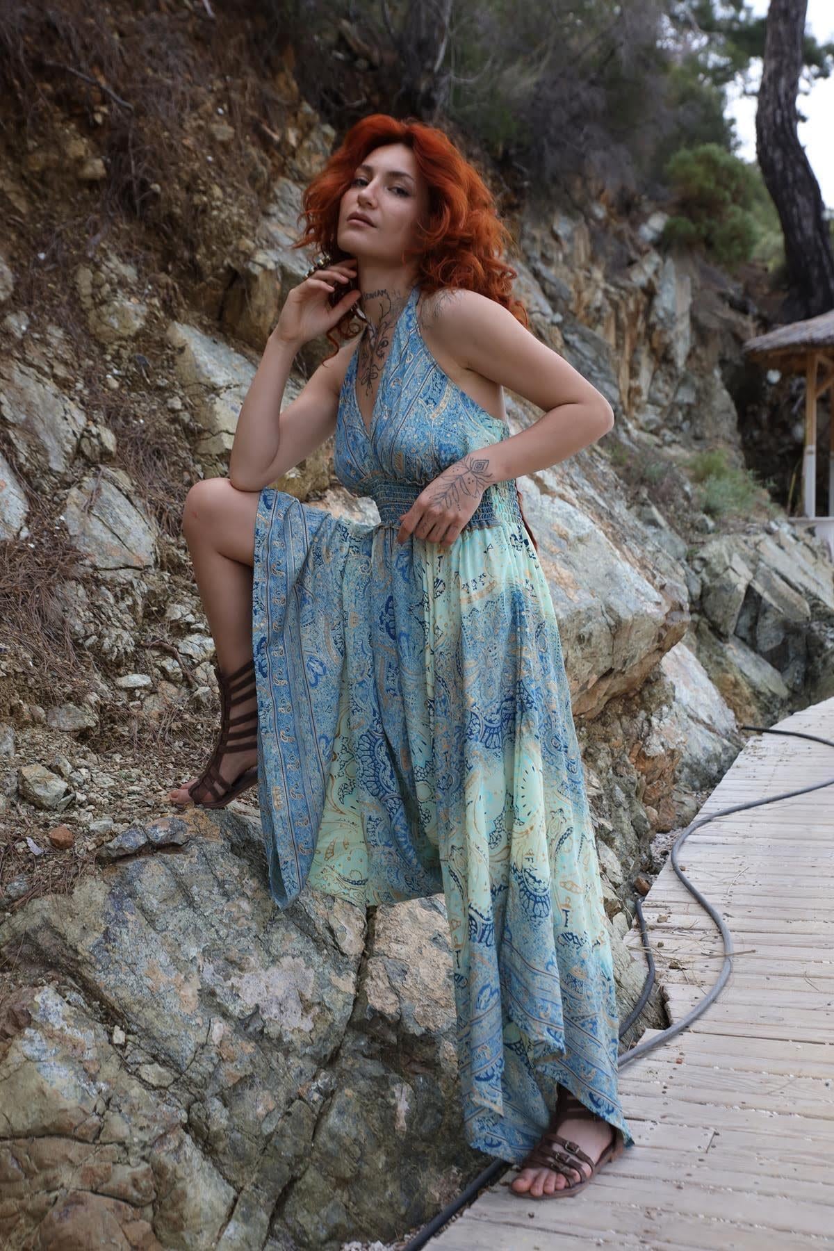 Aqua Green Neck Tied Gipel Silk Jumpsuit