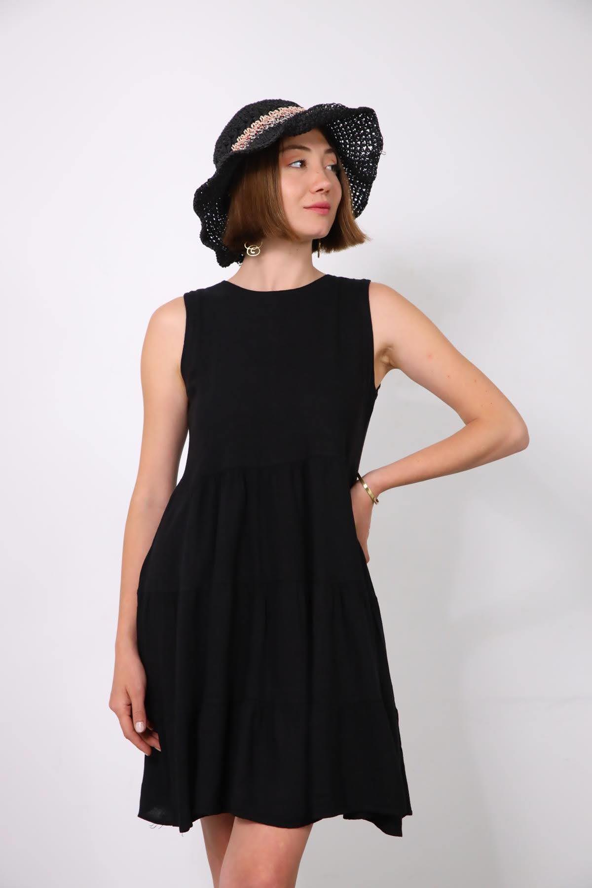 Siyah Bisiklet Yaka Kolsuz Mini Elbise - Şaman Butik Siyah Bisiklet Yaka Kolsuz Mini Elbise