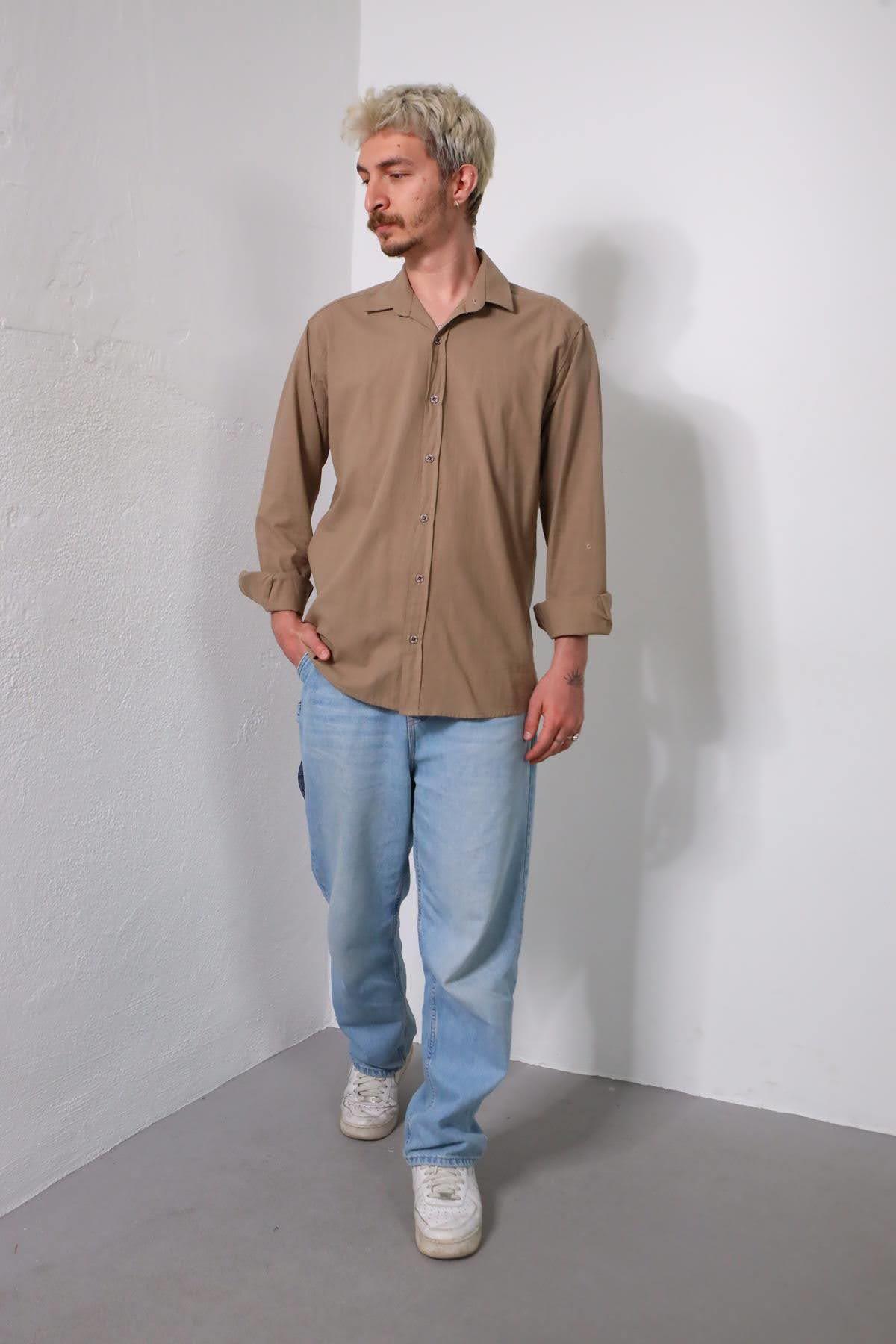 Kahverengi Erkek Pamuk Gömlek - Şaman Butik Kahverengi Erkek Pamuk Gömlek