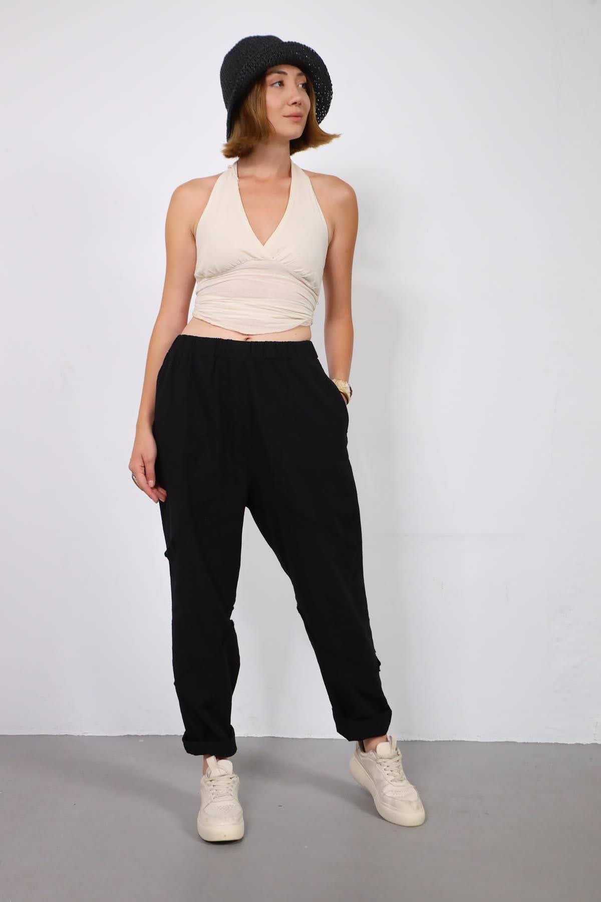 Siyah Püsküllü Dikiş Detaylı Keten Pantolon - Şaman Butik Siyah Püsküllü Dikiş Detaylı Keten Pantolon