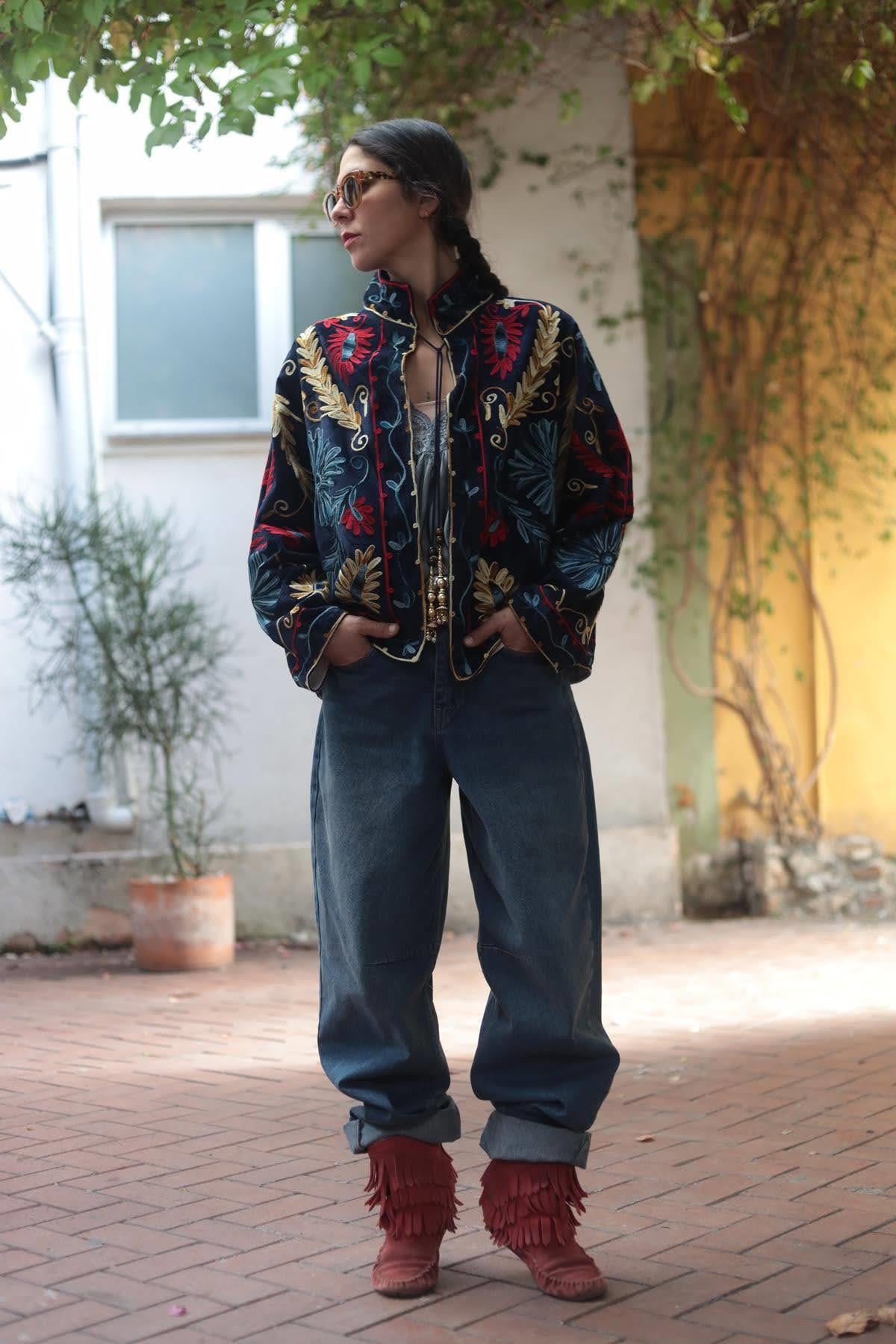 Lacivert Kadife Suzani Ceket