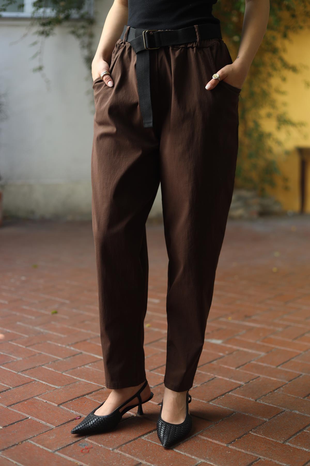 Kahverengi Beli Lastikli Likralı Pantolon