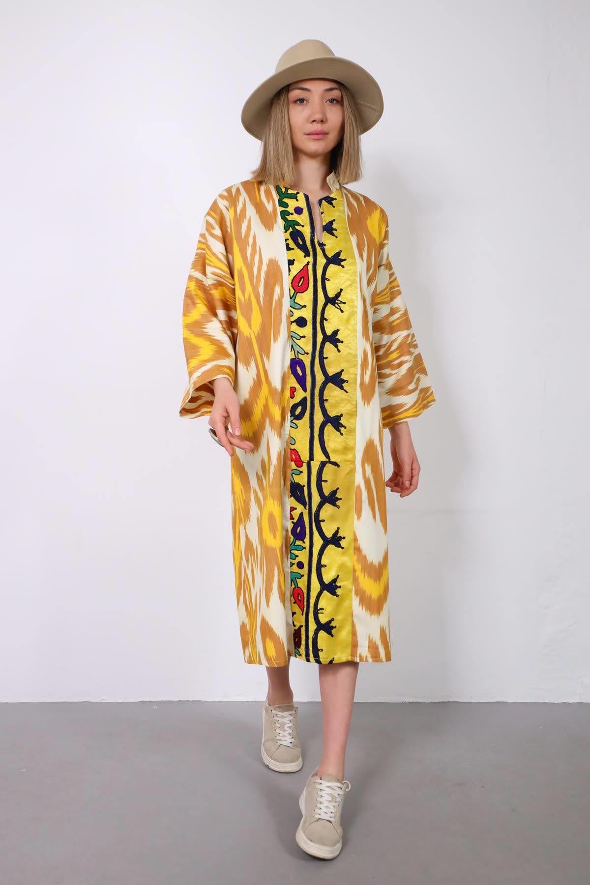 Hardal Rengi Etnik İşlemeli Suzani Elbise - Şaman Butik Hardal Rengi Etnik İşlemeli Suzani Elbise