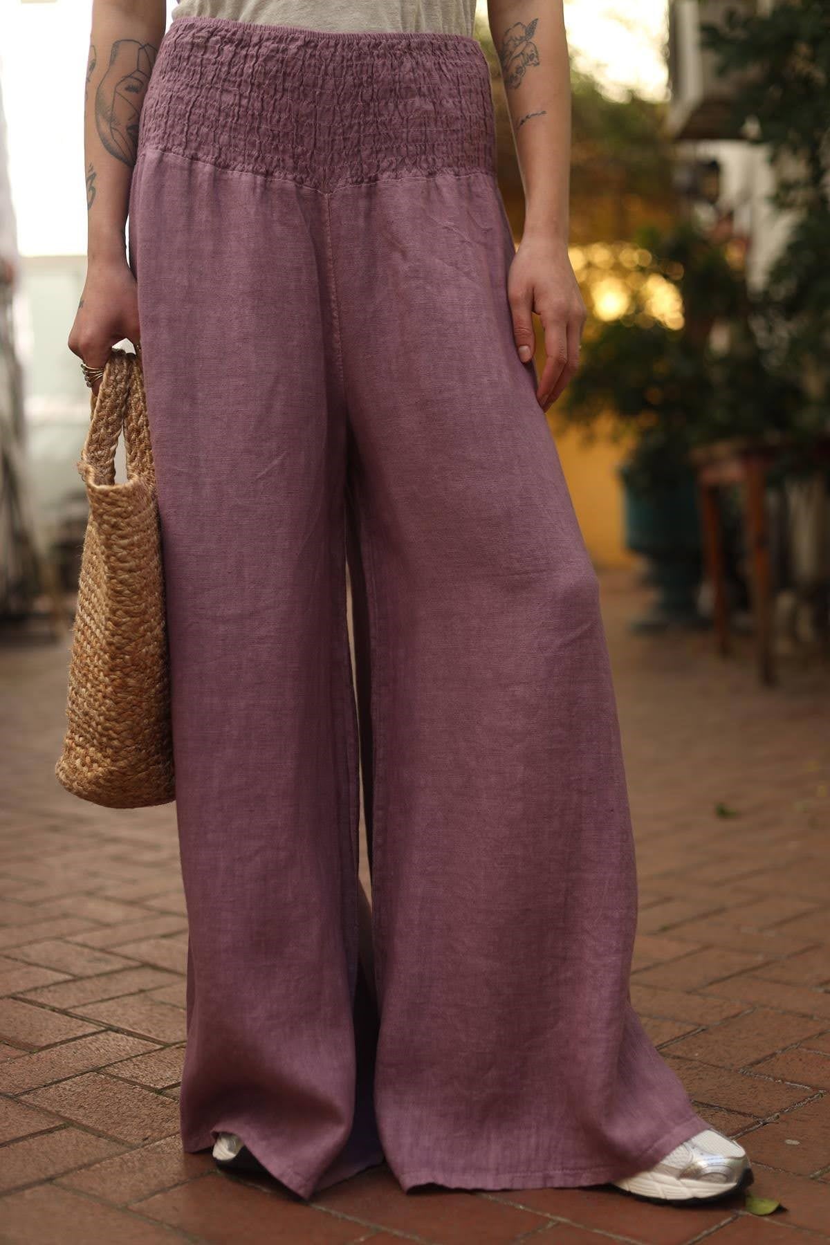 Lila Beli Gipeli Geniş Paça Keten Pantolon