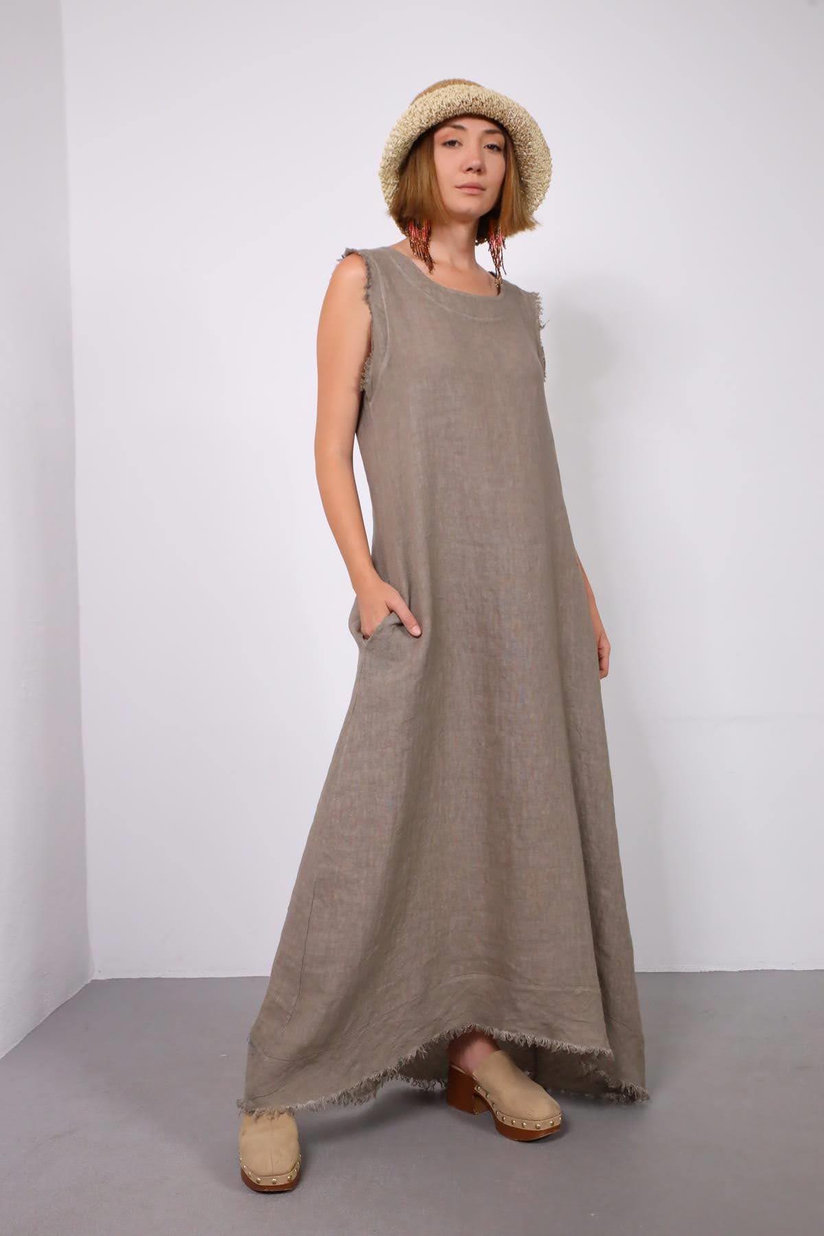 Vizon Rengi Dikiş ve Püskül Detaylı Kolsuz Keten Elbise - Şaman Butik Vizon Rengi Dikiş ve Püskül Detaylı Kolsuz Keten Elbise